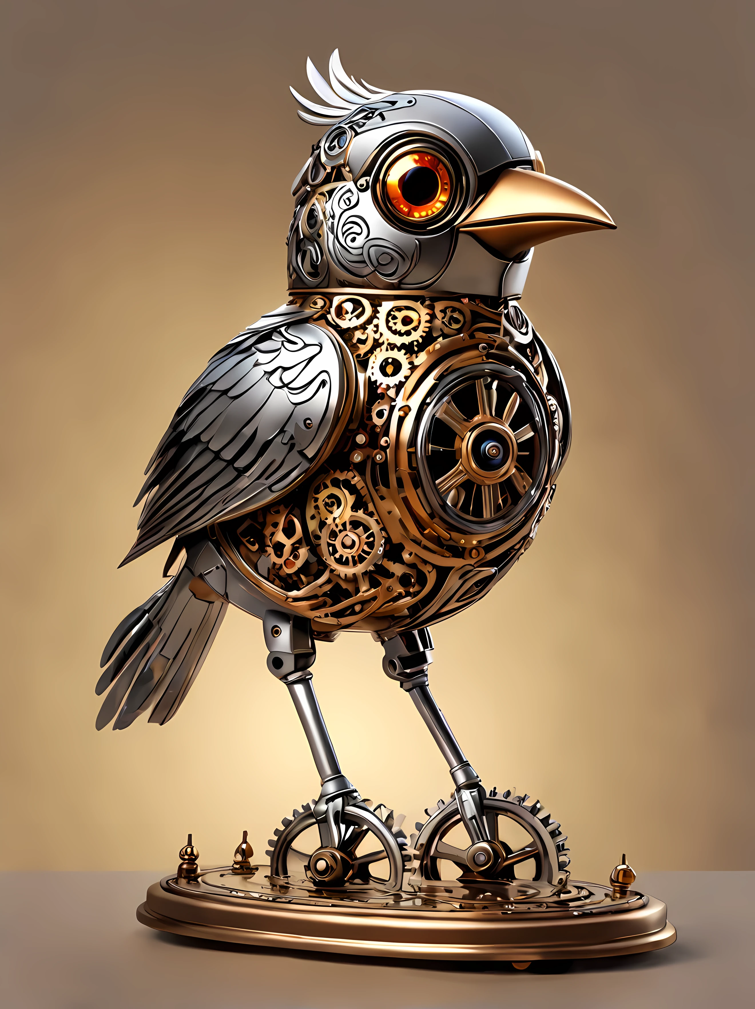 Vector Cartoon Illustration, Full shot, cute cartoon style, design a clockwork marionette in the shape of a sleek bird, made of polished brass with intricate (silver engravings), elegant pose, gears and cogs, a decorative keyhole, (glowing eyes), simple dreamy background, warm soft lighting, a sense of wonder and fascination, masterpiece in maximum 16K resolution, superb quality. | ((More_Detail))