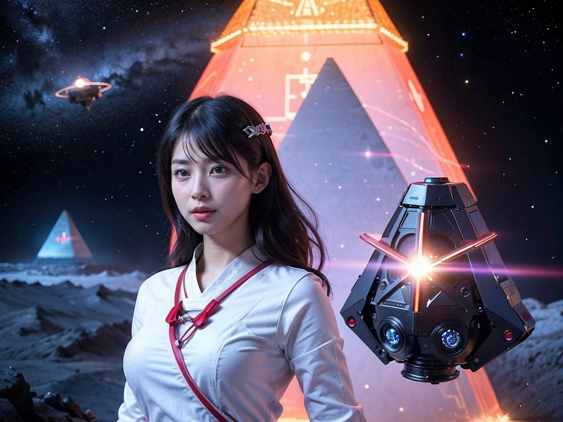 (RAW photo, highest quality), (realistic, Photoreal:1.3), 1 girl、realisticbody、old shrine maiden costume、Pyramid-shaped UFO full of space、laser light、looking at the camera