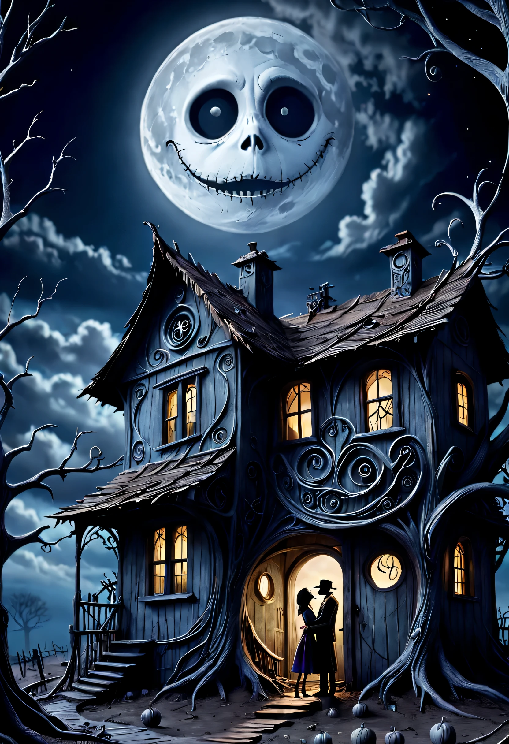 old mud house、male and female couple、The Nightmare Before Christmas、Under a dead tree、moon night、The moon is half hidden in clouds、One、Tim Burton Movies、High color rendering、high detail