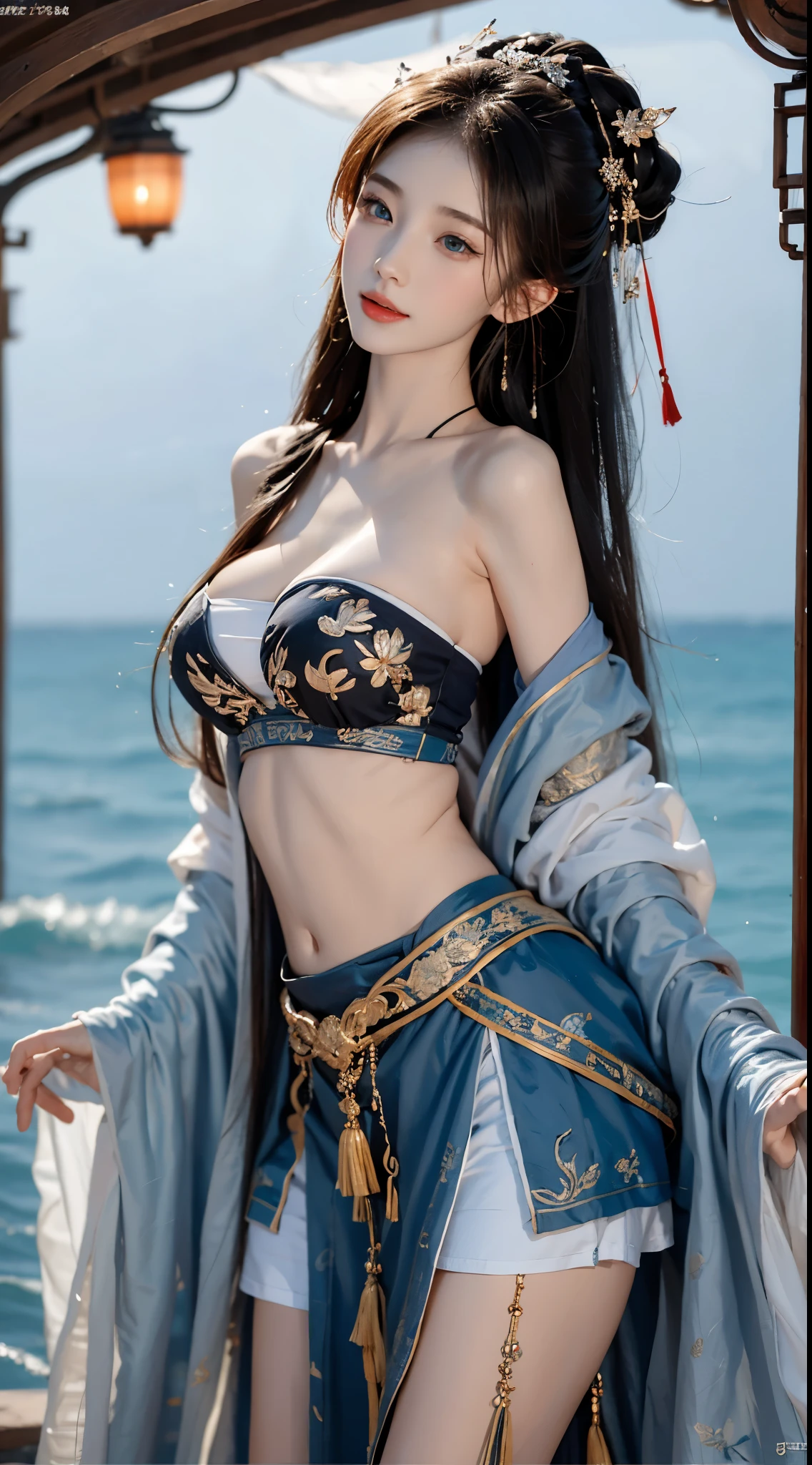 gufeng,bare shoulderasterpiece、best quality、high resolution),Photography Award，masterpiece，blue hair，blue eyes，lifelike，high resolution，soft light，colored hair，water，water下，ocean，single skirt, big breasts, cleavage, grace的姿态，Sexy and slender legs, original photo, 脸庞beauty精致，Otherworldly beauty, Attract attention。beauty、grace、mystery, correct limbs, anatomically correct