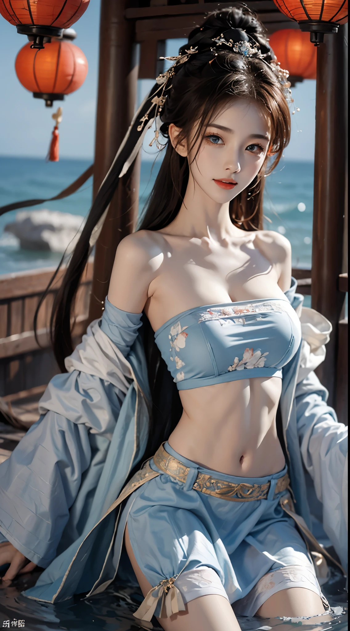 gufeng,bare shoulderasterpiece、best quality、high resolution),Photography Award，masterpiece，blue hair，blue eyes，lifelike，high resolution，soft light，colored hair，water，water下，ocean，single skirt，thigh strap, big breasts, cleavage, grace的姿态，Sexy and slender legs, original photo, 脸庞beauty精致，Otherworldly beauty, Attract attention。beauty、grace、mystery, correct limbs, anatomically correct