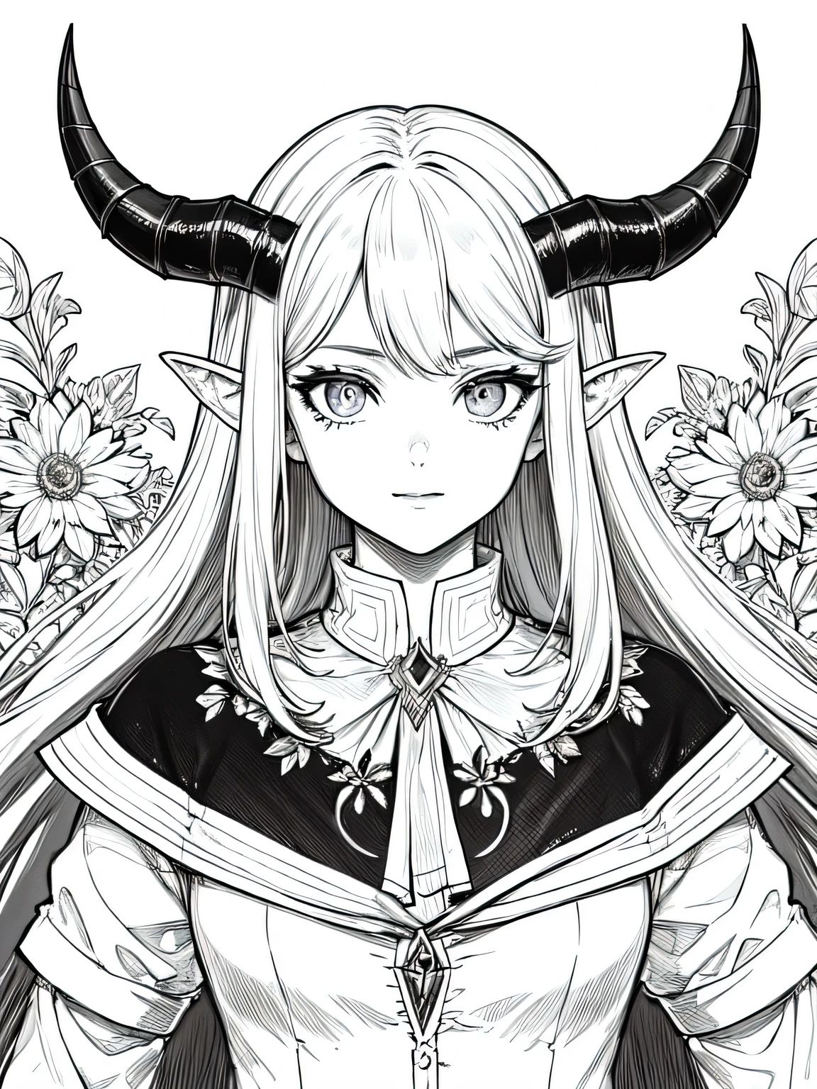 (Mejor calidad,4k,8K,high resolution,obra maestra:1.2),ultra detallado,(demonio),obramaestra,animado,hermoso,Chica con cuernos, demonio ,Femenino,Fondo blanco,monocromo,Dibujo lineal,((bosquejo)),sorprendido,ojos blancos