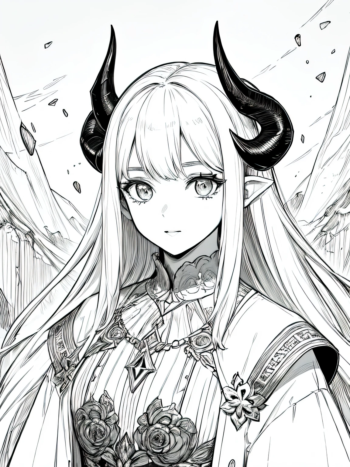 (Mejor calidad,4k,8K,high resolution,obra maestra:1.2),ultra detallado,(demonio),obramaestra,animado,hermoso,Chica con cuernos, demonio ,Femenino,Fondo blanco,monocromo,Dibujo lineal,((bosquejo)),sorprendido,ojos blancos
