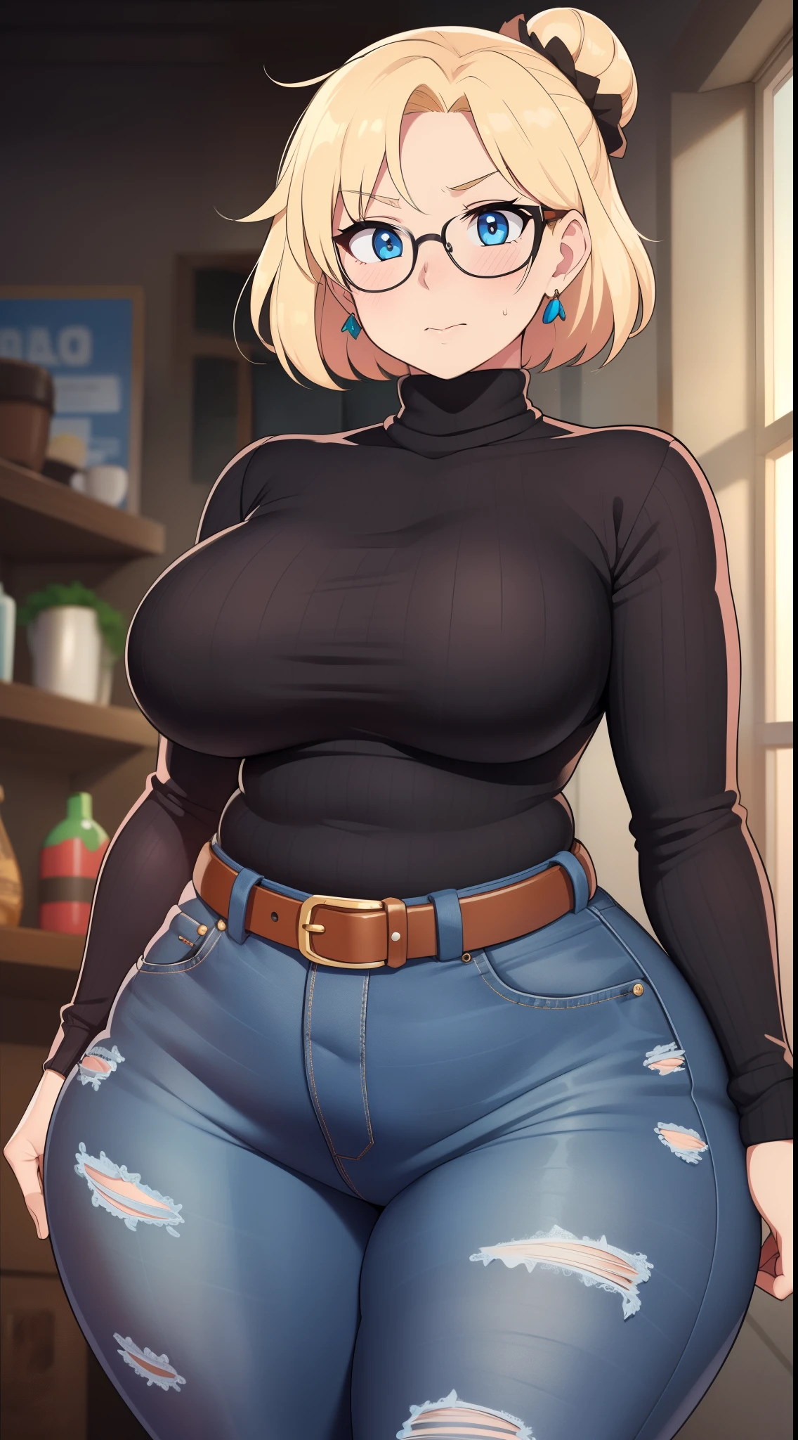 ((Masterpiece)), perfect anatomy, perfect shading, field of depth, (best quality), extremely delicate and beautiful, perfect lighting, detailed face, ultra cute face, cute, (cowboy shot 1.2), full body, (((1girl))), ((solo)), looking at viewer,
short hair, fluffy hair, blonde hair, blue eyes, Glasses, ((Blush)), shy, nervous, (black turtleneck sweater 1.5), (jeans 1.2), belt, extremely tight clothes, medium breasts, ((wide hips)), ((thick thighs)), ((chubby)),
coffee shop, intricate background, detailed background,
