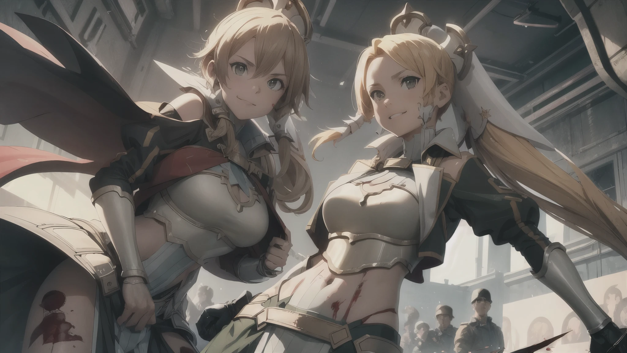 girl, slaughter, fighting, belly button, big breasts, femdom, slaughter, Blood return, Blood on the body, Blood on the armor, Blood on the belly button, Blood on the stomach, Blood on the breasts, provocation, tall, long sword, slashing sword, splashing blood, tall, Blood, gun, knife, sword, war, underwear, kill, Behead, shot from below, sensual, Blood on the breasts, smile, miscellaneous soldiers