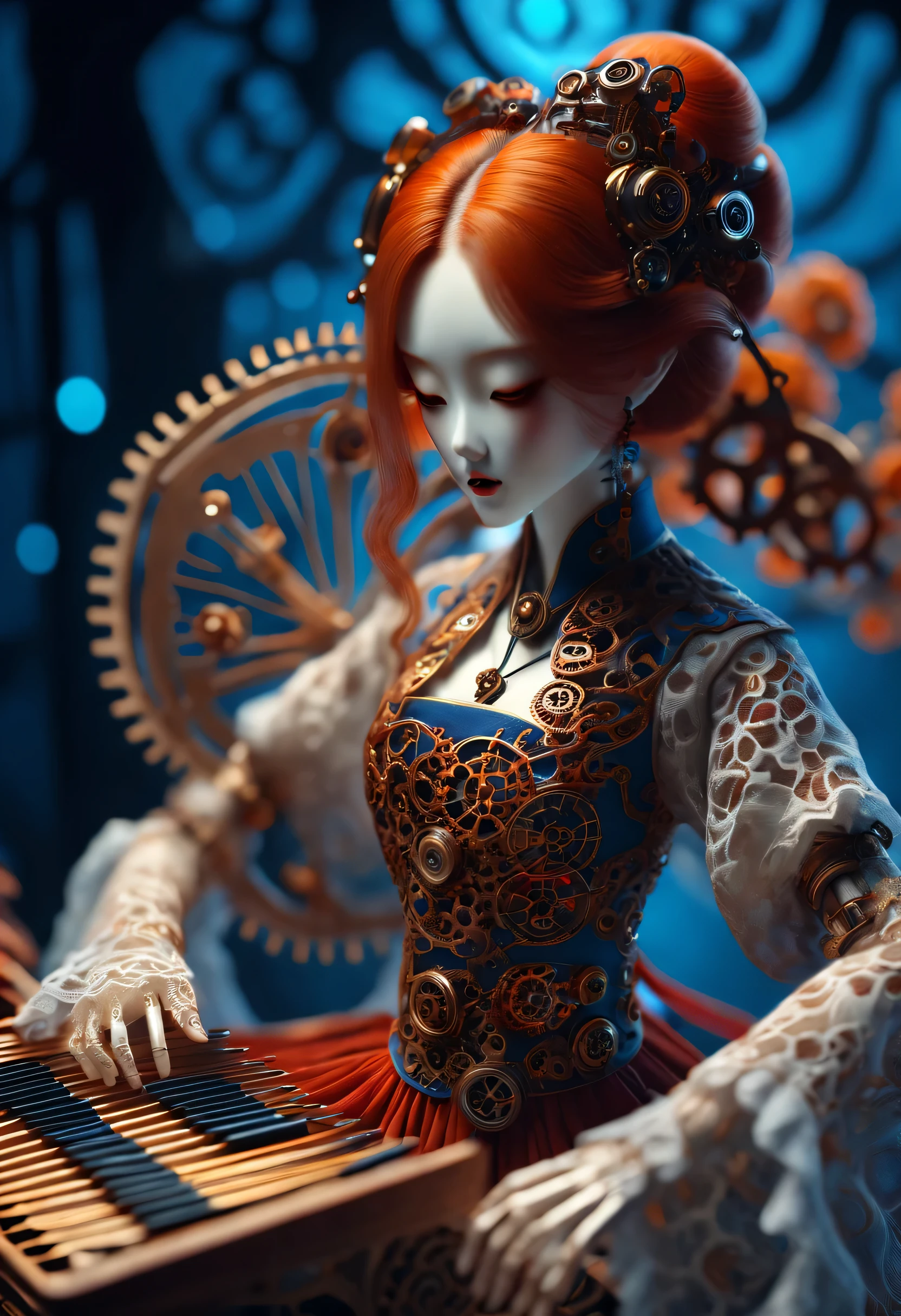 Mechanical doll design，（whole body），（Mechanically constructed Chinese Hanfu doll playing electronic mechanical guzheng）, Beautiful and detailed mechanical ingenuity，（Body mechanical clockwork and gears），Mechanical device base，Extra long wavy red head，orangeskirt，8k smoke，Ultra-fine，lifelike，high resolution，Motion ray tracing，discover realism，dramatic lighting，Steampunk elements，Eerie and surreal atmosphere，Intricate lace pattern，exquisite craftsmanship，Gothic aesthetics，strange beauty，[high dynamic range]，[Fear]，[concept artist]，[keen focus]，[main]，[bright colors]，[Bokeh]，Long range shooting，Blue-orange