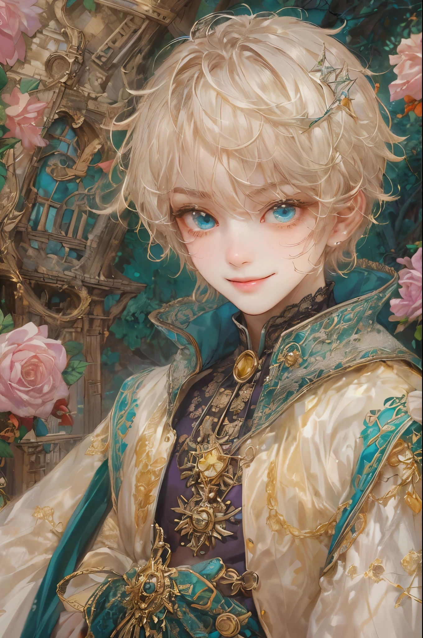 ((absurdres, highres, ultra detailed), 1 boy, young boy, handsome boy villain character from sugar sugar rune, detailed hair with detailed headgear ornaments, detailed short hair, anime eyes, bangs, detailed mage clothes with brown cape with little purple details showing, showing chest on creases, crop top, finely detailed eyes red details showing and detailed face, smirk, dimples, extremely detailed CG unity 8k wallpaper, blue details on side, intricate details yellow details on left, portrait, ruin of pink roses, market theme, showing lot of skin, from below, 1:1 , eyes on viewer, detailed houses town scenery background