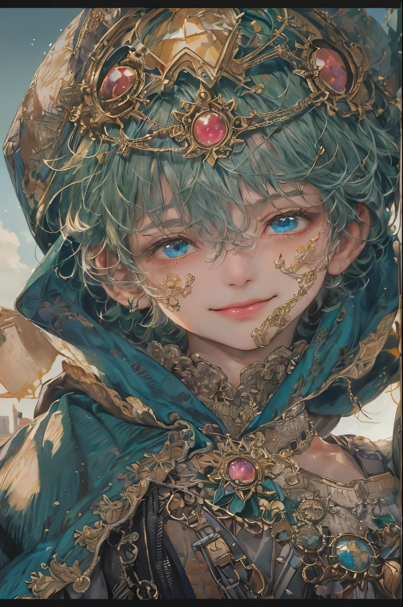 ((absurdres, highres, ultra detailed), 1 boy, young boy, handsome boy villain character from sugar sugar rune, detailed hair with detailed headgear ornaments, detailed short hair, anime eyes, bangs, detailed mage clothes with brown cape with little purple details showing, showing chest on creases, crop top, finely detailed eyes red details showing and detailed face, smirk, dimples, extremely detailed CG unity 8k wallpaper, blue details on side, intricate details yellow details on left, portrait, ruin of pink roses, market theme, showing lot of skin, from below, 1:1 , eyes on viewer, detailed houses town scenery background