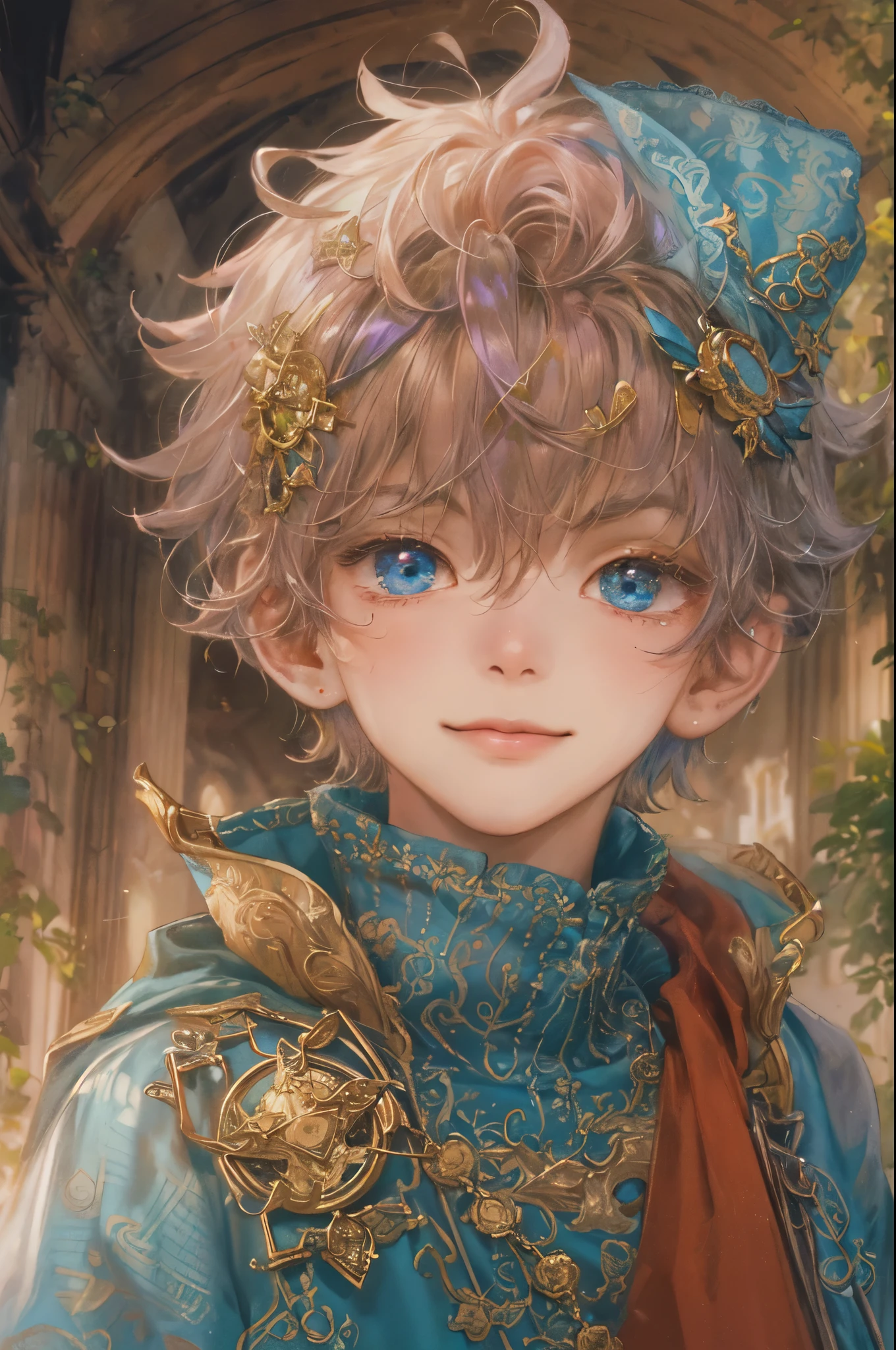 ((absurdres, highres, ultra detailed), 1 boy, young boy, handsome boy villain character from sugar sugar rune, detailed hair with detailed headgear ornaments, detailed short hair, anime eyes, bangs, detailed mage clothes with brown cape with little purple details showing, showing chest on creases, crop top, finely detailed eyes red details showing and detailed face, smirk, dimples, extremely detailed CG unity 8k wallpaper, blue details on side, intricate details yellow details on left, portrait, ruin of pink roses, market theme, showing lot of skin, from below, 1:1 , eyes on viewer, detailed houses town scenery background