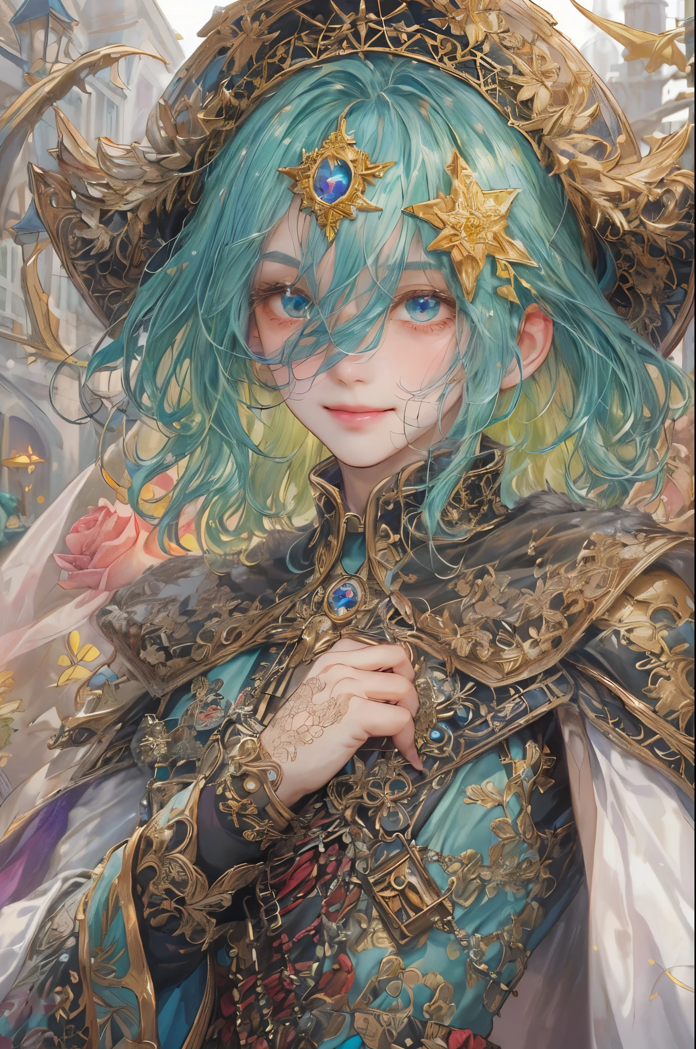 ((absurdres, highres, ultra detailed), 1 boy, young boy, handsome boy villain character from sugar sugar rune, detailed hair with detailed headgear ornaments, detailed short hair, anime eyes, bangs, detailed mage clothes with brown cape with little purple details showing, showing chest on creases, crop top, finely detailed eyes red details showing and detailed face, smirk, dimples, extremely detailed CG unity 8k wallpaper, blue details on side, intricate details yellow details on left, portrait, ruin of pink roses, market theme, showing lot of skin, from below, 1:1 , eyes on viewer, detailed houses town scenery background