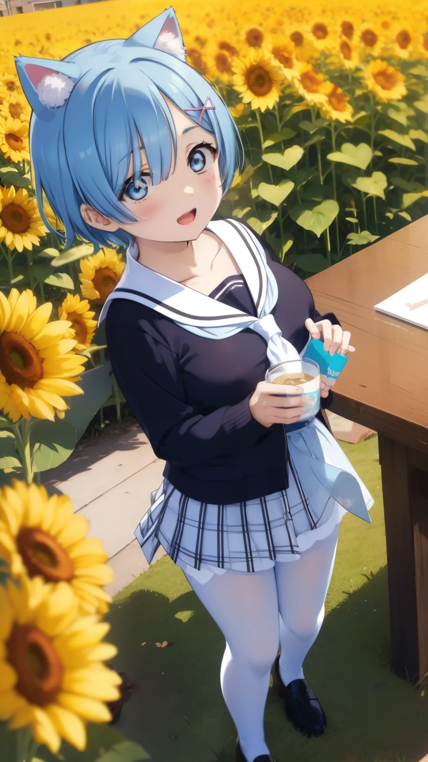 Re:Zero&#39;s Rem、light blue hair、short hair、table top、High resolution、lots of girlultiple girls、large crowd、lots of cute girls、big and full breasts、naughty body、See-through、throw、、whole body、Are standing、Look up at me、confused face、blush、embarrassing、Excited、white breath、black pantyhose、female shape&#39;Private parts are clearly visible、I can see your nipples、gingham check skirt、micro mini skirt、very short skirt、Many people々々々々、in the crowd、bare chest、show your chest、Upper grade、A lot of milk comes out from the nipples、Breast milk gushes from the nipple、sailor suit、半袖のsailor suit、high school uniform、Cat ear、Bangs that cover one eye、pink hairpin、From above、black loafer shoes、white pantyhose、open your legs、open thighs、sunflower field