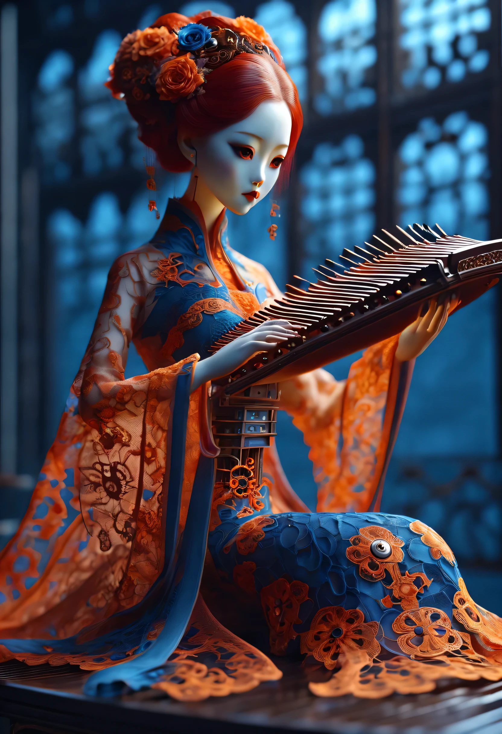 Mechanical doll design，（whole body），（Mechanical Hanfu doll playing electronic mechanical guzheng）, Beautiful and detailed mechanical ingenuity，（Transparent mechanical clockwork gear body），Mechanical device base），Extra long wavy red head，orangeskirt，8k smoke，Ultra-fine，lifelike，high resolution，Motion ray tracing，realism，dramatic lighting，Steampunk elements，Eerie and surreal atmosphere，Intricate lace pattern，exquisite craftsmanship，Gothic aesthetics，strange beauty，[high dynamic range]，[Fear]，[concept artist]，[keen focus]，[main]，[bright colors]，[Bokeh]，Long range shooting，Blue-orange