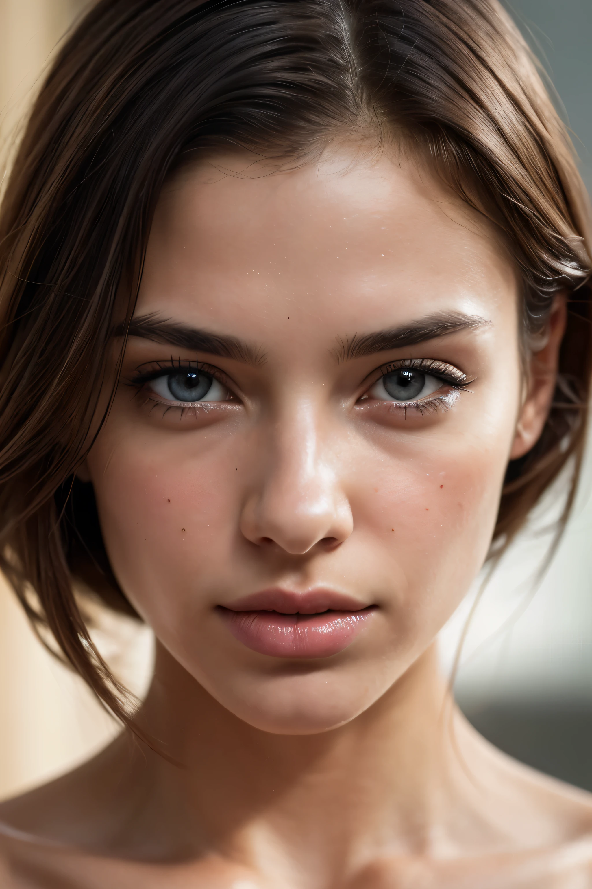 masterpiece, best quality, lifelike, Super detailed, fine details, high resolution, 8k wallpaper, original color photo, professional, high level of detail, Beautiful brunette woman, (Detailed brown eye hollow, Winning photo, ((facing forward)), ((look at the audience)), Small lights, low contrast, facial symmetry, depth of field, movie background, portrait photo, central image, Lights up softly, (fine detailsed skin), pale skin, lifelike的皮肤纹理, Ultimate skin detail, (pores: 0.1)