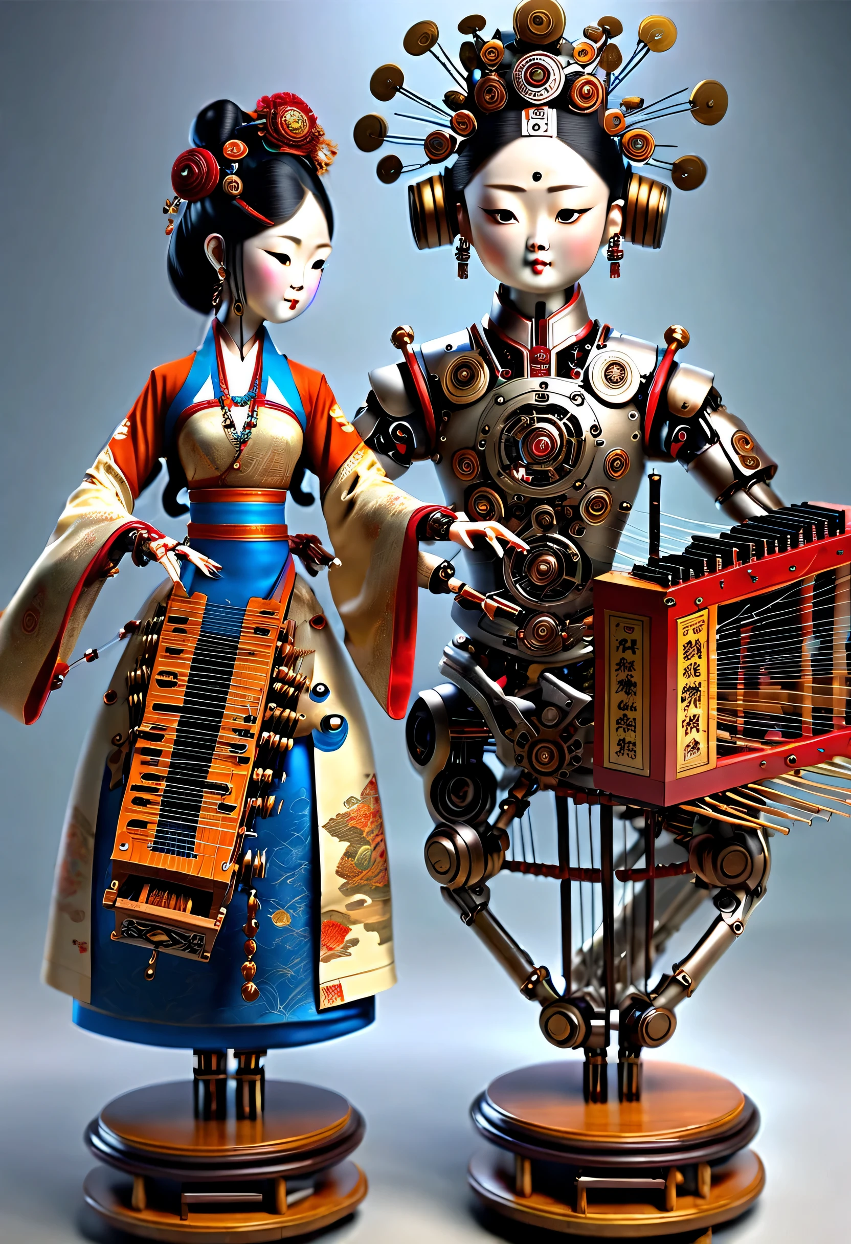 mechanical娃娃设计,Map design style,(mechanical构造的汉代玩偶,演奏mechanical构造的中国古筝),(whole body), robot character, Beautiful and meticulous,mechanical发条,gear,mechanical,(音乐盒旋转mechanical底座),Extra long red double braided hair,blue and orange skirt,dance,8k,Ultra-fine,lifelike,high resolution,Motion ray tracing,