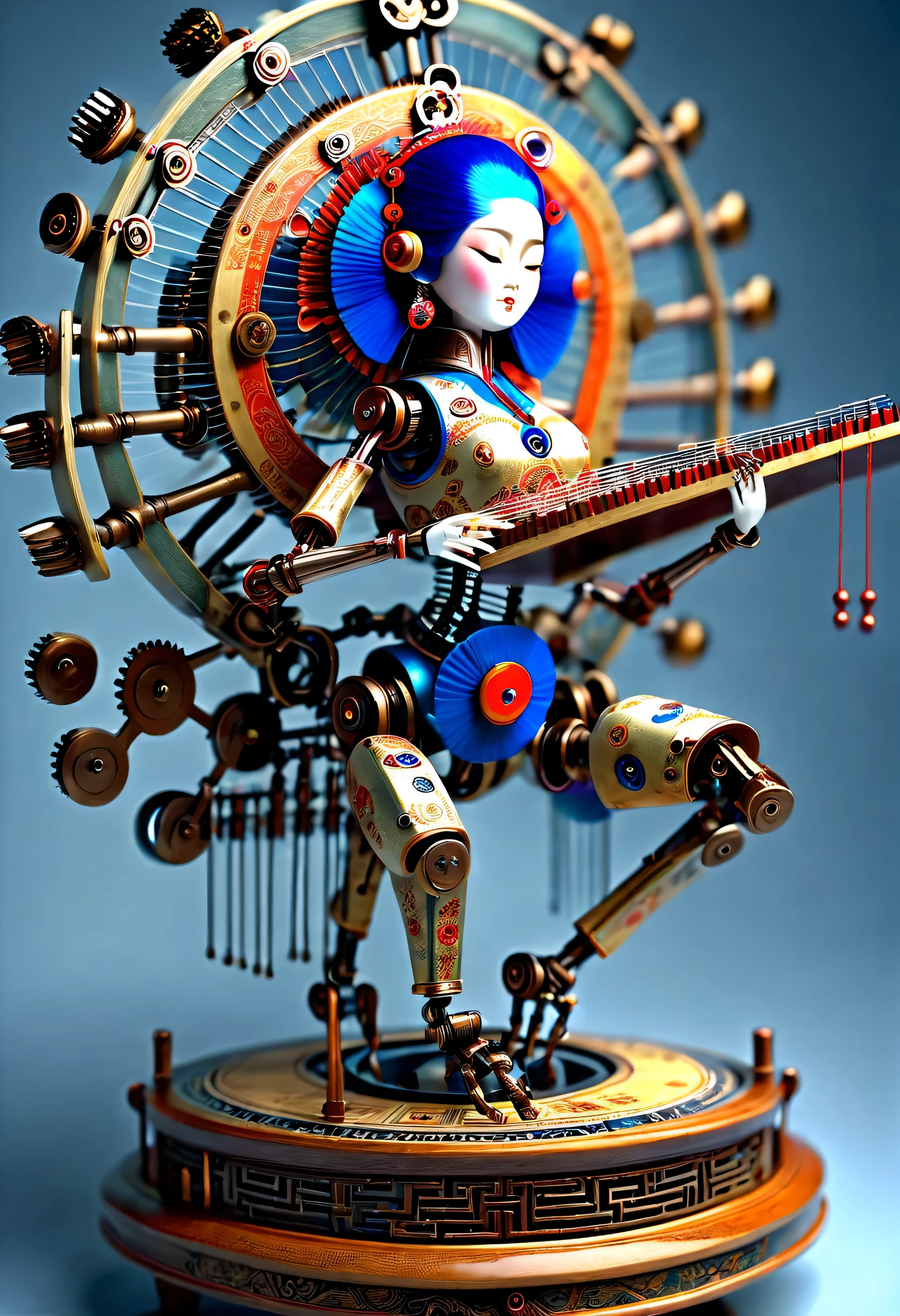 mechanical娃娃设计，Map design style，（mechanical构造的汉代玩偶，演奏mechanical构造的中国古筝），（whole body）， robot character, Beautiful and meticulous，mechanical发条，gear，mechanical，(音乐盒旋转mechanical底座），Extra long red double braided hair，blue and orange skirt，dance，8k，Ultra-fine，lifelike，high resolution，Motion ray tracing，