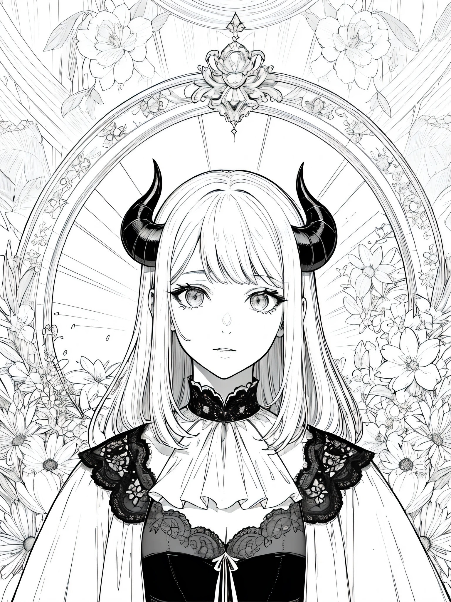 1girl,20s,horns,long hair,cathyl hair,portraitt,(white background,line drawing),seductive eyes,serious,open mouth