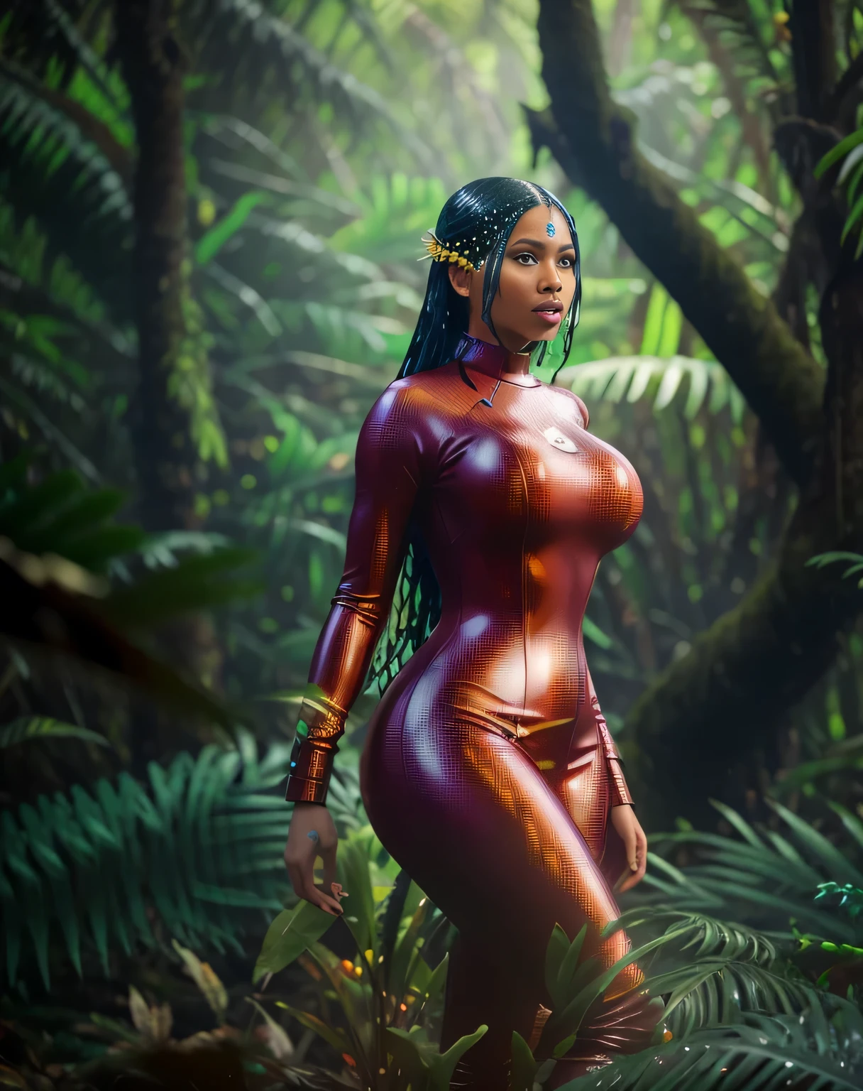 araffe woman in a wet suit standing in the woods, epic 3 d oshun, nature goddess, cinematic goddess body shot, nordic white female goddess of love, nicki minaj curvy, hot, goddess of nature, nicki minaj, naomi campbell, in a jungle, in a jungle environment, mother nature, goddess of the forest, beautiful goddess