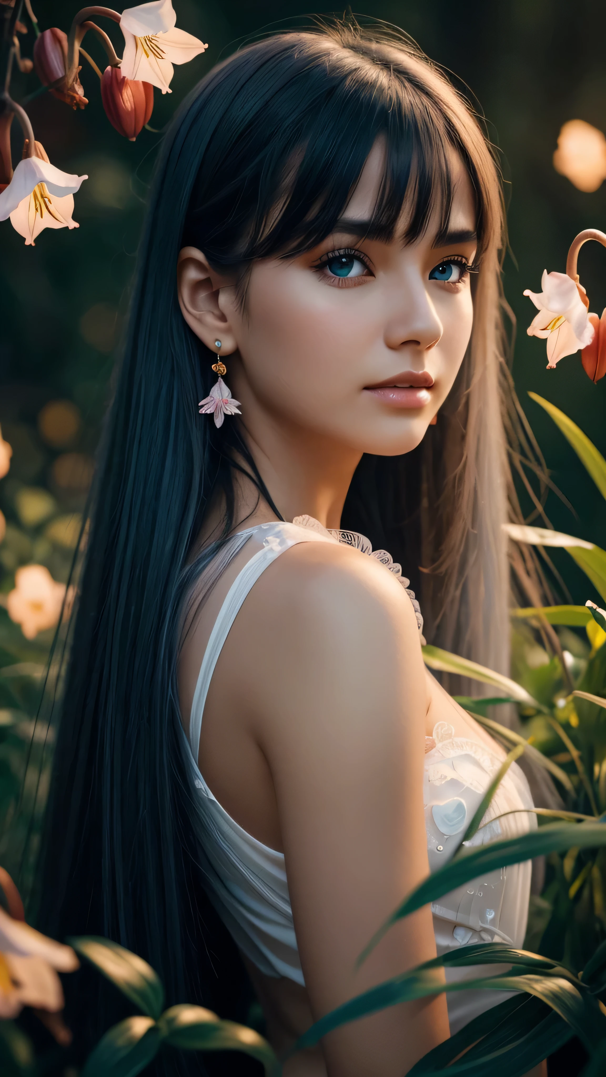 Beautiful realistic girl with BRIGHT WHITE-BLUE long hair ,Close-up of clean skin with detailed skin ,full length,in a short miniskirt,on an orange background ,Against the background of the starry sky,bright makeup,EARRINGS WITH GLITTERS,two-leaf gray flower,translucent speckled bifoliate gray,Bioluminescent - Ultra High Quality 8K Music Equalizer, High contrast, rich colors, soft light, Super detailed photos. ultra high quality 8K, High contrast, noise reduction, яркие rich colors.. high quality, 8K Ultra HD, High contrasthigh quality,мягкие close focus,very beautiful flower, translucent red lily of the valley with dew drop flower, bioluminescent flower glows and shimmers, he grows in a mysterious forest, shrouded in mystery, Сверхhigh quality 8k, High contrast, rich colors, soft light, Ultra-detailed photos. Сверхhigh quality 8k, High contrast, noise reduction, bright rich colors.. high quality, 8K Ultra HD, High contrast