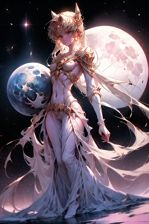 a beautiful girl (unclad:1.5) holding a large moon in her hands, full body, in the background the universe full of galaxies