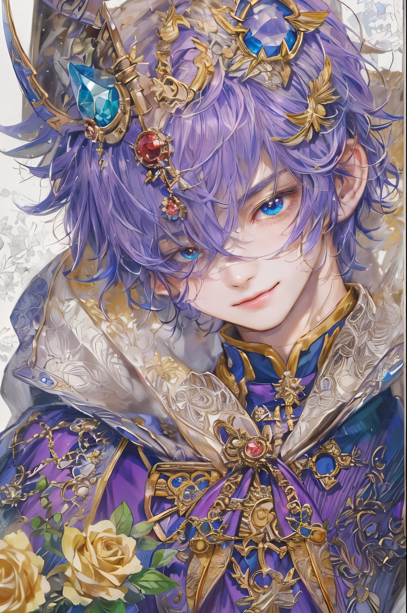 ((absurdres, highres, ultra detailed), 1 boy, young boy, handsome boy villain character from Pretty Cure, male version, detailed hair with detailed headgear ornaments, detailed short hair, anime eyes, bangs, detailed mage clothes with brown cape with little purple details showing, finely detailed eyes red details showing and detailed face, smirk, dimples, extremely detailed CG unity 8k wallpaper, blue details on side, intricate details yellow details on left, portrait, ruin of pink roses, market theme , eyes on viewer, detailed houses town scenery background