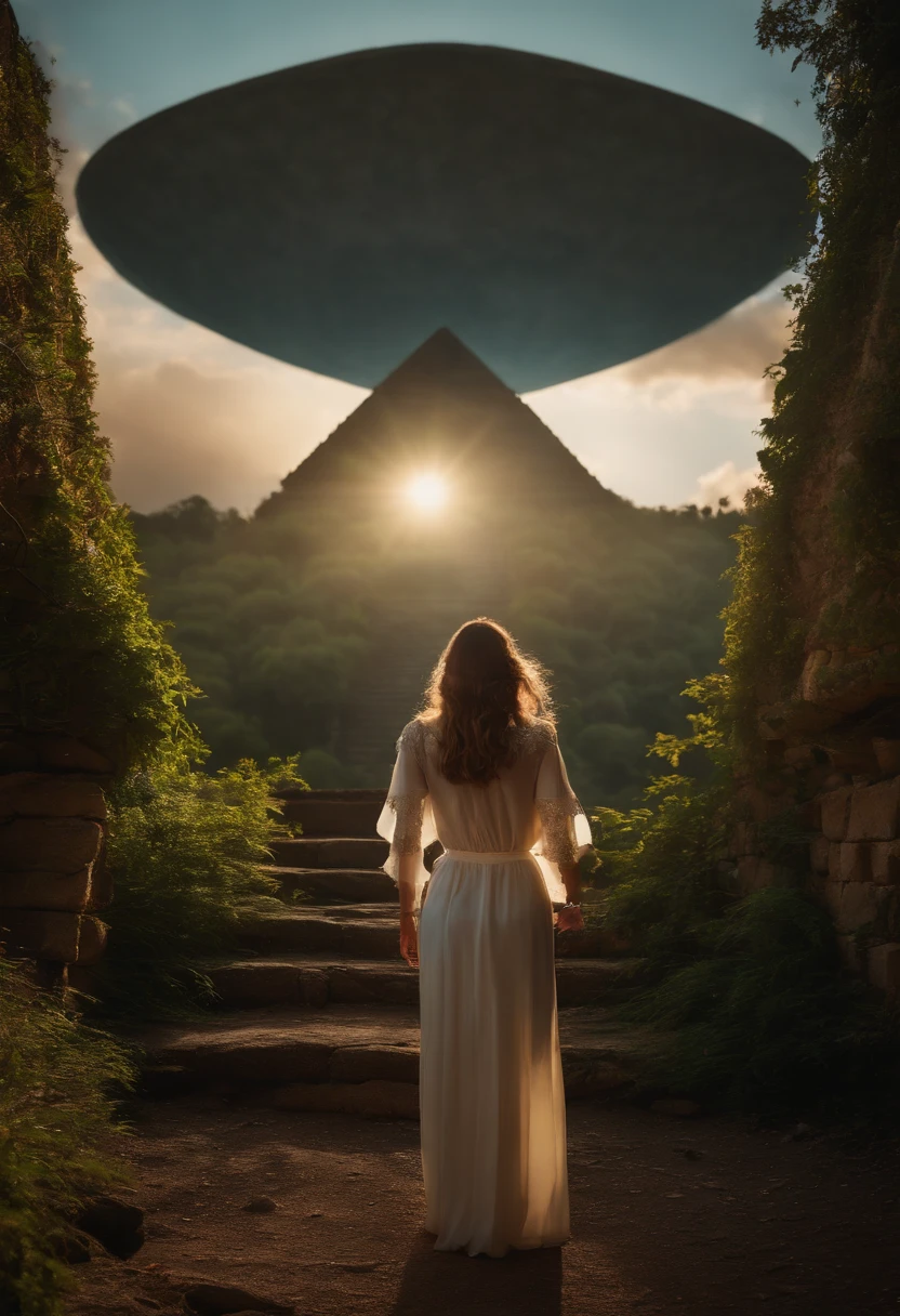 highest quality、masterpiece、ultra high resolution、(realistic:1.4)、ancient ruins、Shining pyramid、octahedral ufo,shine beautifully、filled with huge stones、pyramid covered with ivy、girl standing in front of the pyramid,Flying laser beam