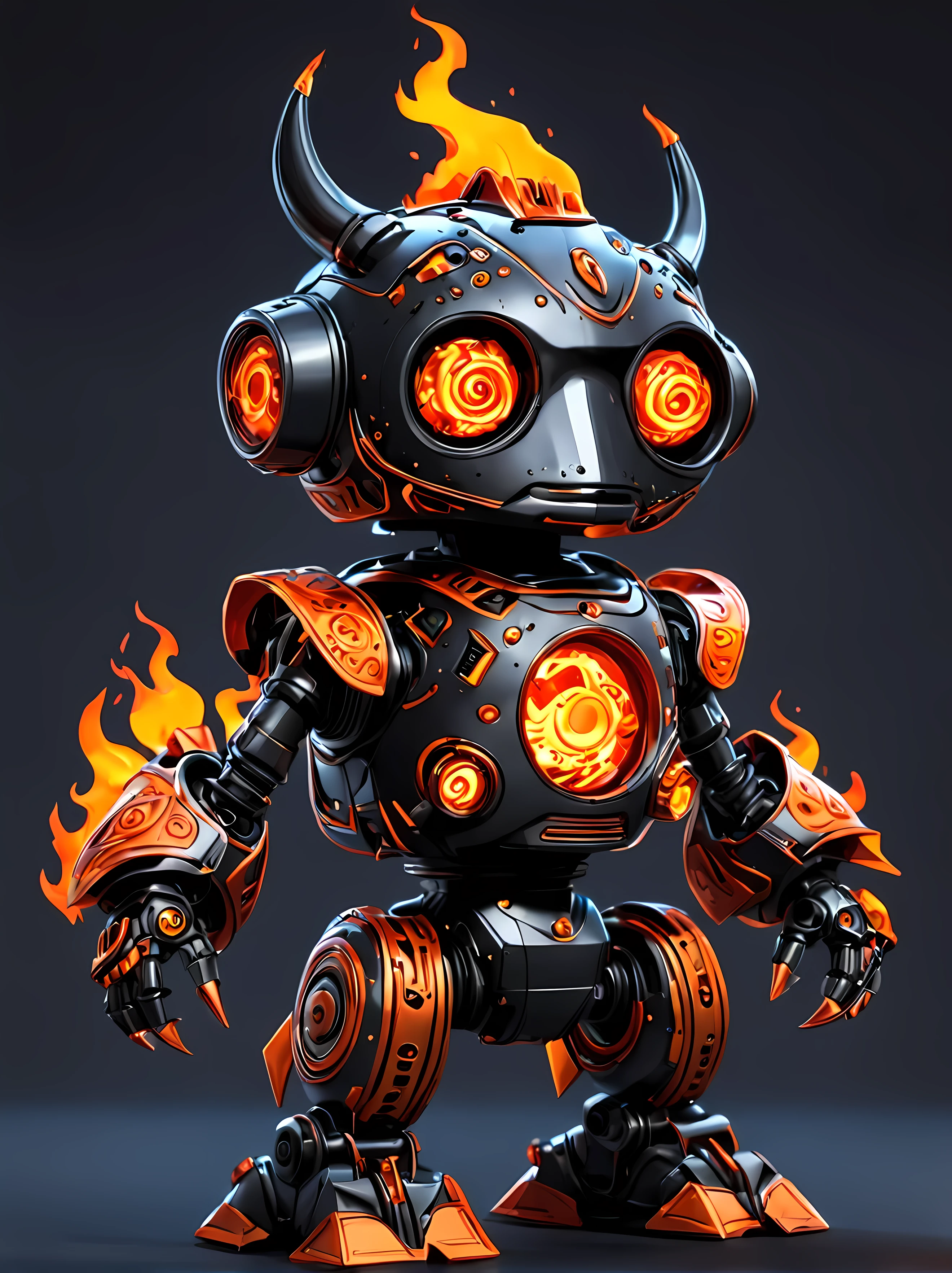 Full shot, cute cartoon style, design a mesmerizing Inferno Automaton, a mechanical puppet of the fiery element, its sleek body is angular resembling molten metal with glowing red and orange hues,  intricate flame-like patterns, masterpiece in maximum 16K resolution, superb quality. | ((More_Detail)) 