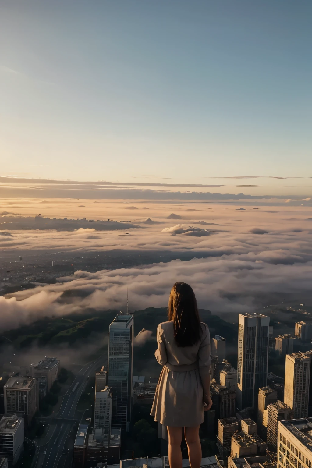 A city view from sky scrapper at golden hour with a bit fog and beautiful, convey an unforgetting moment in life, a girl from behind standing far away
