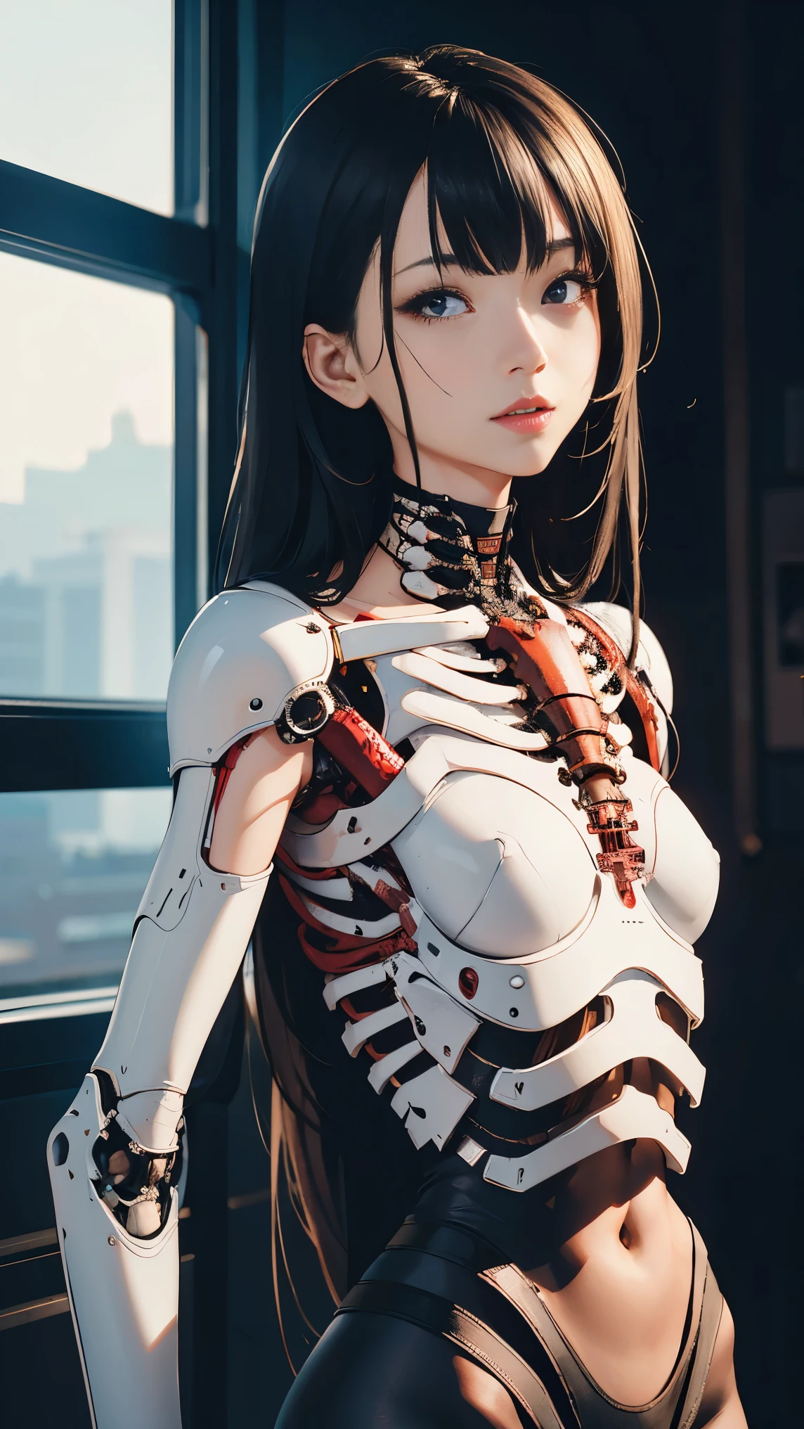 （（（In 8K. ＨＤＲ.hyper realism、master piece 1.2、wlop1、cinematic、Detailed content、Live photo 1.2, Highest quality 1.2、 Super detailed、very detailed、perfect shading、Low angle full body shot 1.2、1 photo、Commercial photo 1.2、50mm 、film grain）））、（The skin on my face is torn、The exoskeleton underneath is exposed.）(mechanical joint: 1.2),((mechanical limbechanical vertebrae attached to the back of the blood vessels connected to the tubeechanical cervical connection to the neck) ), No expression, (wires and cables attached to the neck: 1.2), (Head wires and cables: 1.2), (focus on character), SF,（black pantyhose）（white skin、small breasts、black hair、long hair）