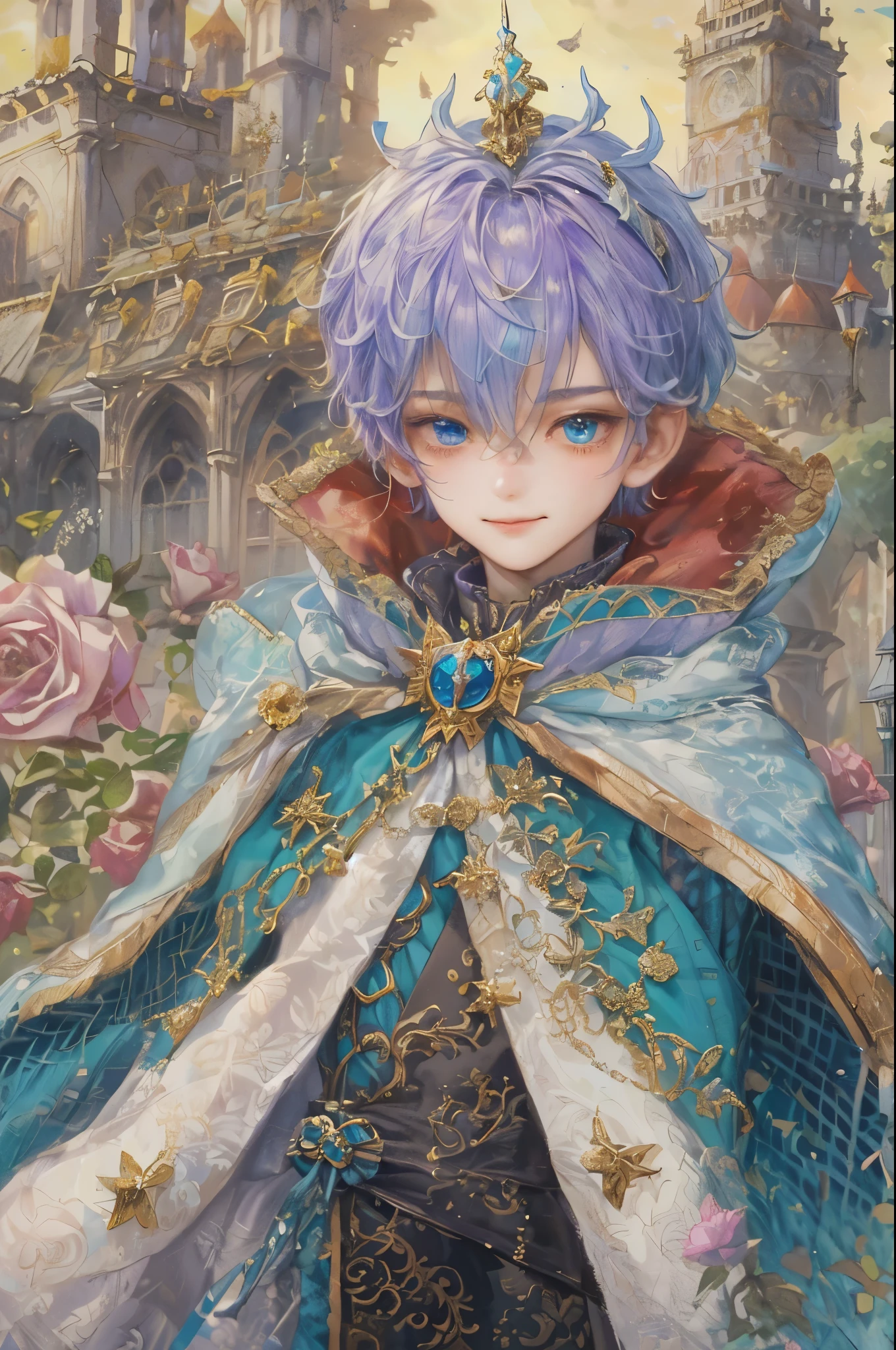 ((absurdres, highres, ultra detailed), 1 boy, young boy, handsome boy villain character from sugar sugar rune, detailed hair with detailed headgear ornaments, detailed short hair, anime eyes, detailed mage clothes with brown cape with little purple details showing,finely detailed eyes red details showing and detailed face, smirk, dimples, extremely detailed CG unity 8k wallpaper, blue details on side, intricate details yellow details on left, portrait, ruin of pink roses, market theme, eyes on viewer, detailed houses town scenery background
