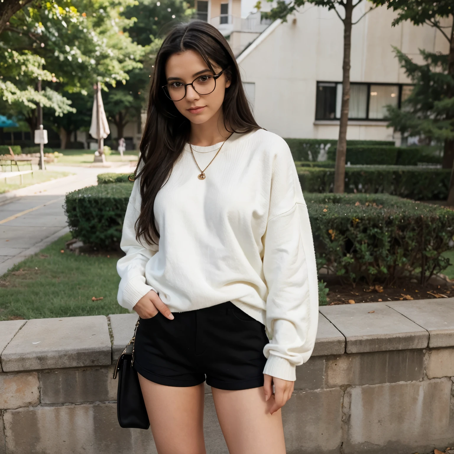 A girl with long dark hair and glasses with a white sweater and black shorts