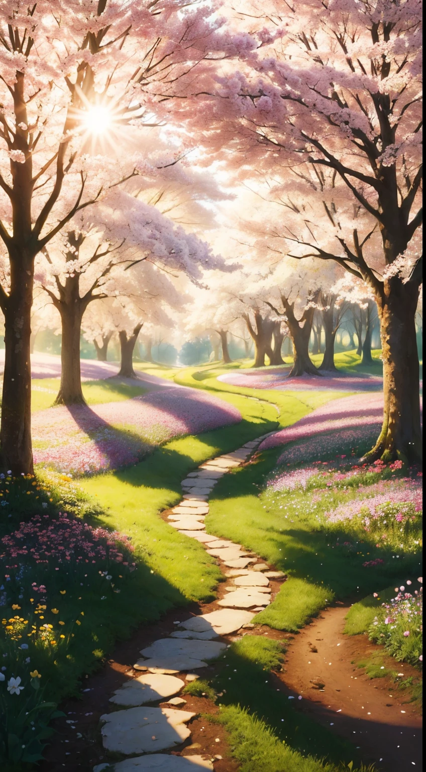 Stable diffusion provides the best image quality, morning sunshine, spring landscape, dew and flowers, A fairytale dreamland, trip, beautiful sunny day, Forest path