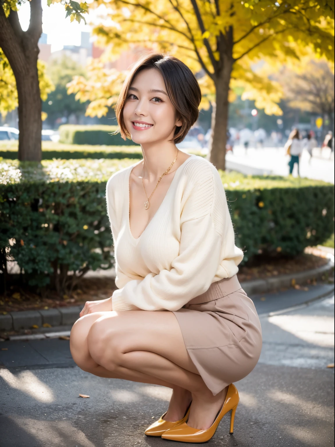 (RAW photo:1.2), (realistic:1.4),beautiful detailed woman,非常にdetailed eyesと顔, detailed eyes, super detailed,High resolution, very detailed,best quality,enlightenment,unified,8k wallpaper,master piece,best quality,1 woman,alone,rich,full body esbian,(A little chubby body type:0.9),Toned figure,There's meat on the legs,slim waist,alone,(beige knit,temperament knit skirt,high heels),jewelry necklace short hair,gentle smile,dignified atmosphere,black eye,Realistic,central park , (morning park:1.1)、(43 years old、Japanese)
