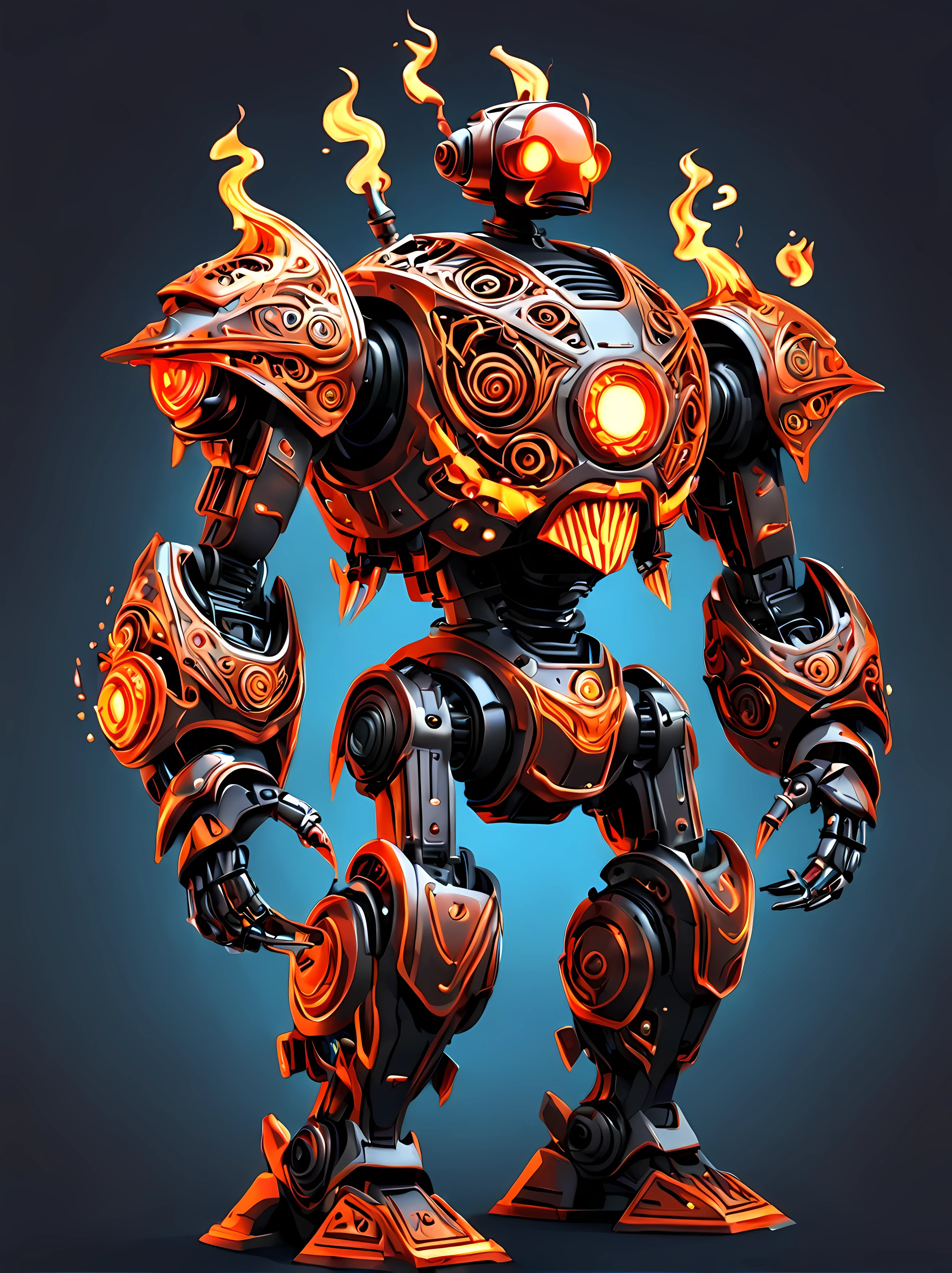 Vector Cartoon Illustration, full shot, design a mesmerizing Inferno Automaton, a mechanical puppet of the fiery element, its sleek body is angular resembling molten metal with glowing red and orange hues, intricate flame-like patterns, masterpiece in maximum 16K resolution, superb quality. | ((More_Detail))