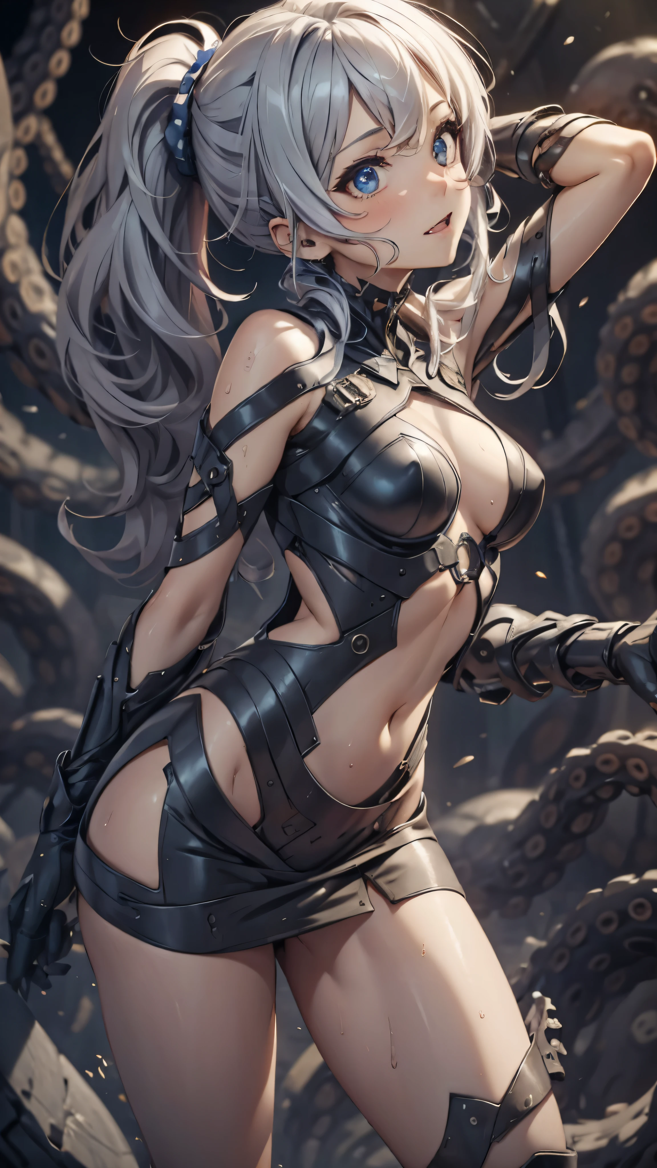 woman,,,city,night,(((white tight miniskirt bodysuit))),(wet with sweat),open mouth smile((See-through))Glasses,((beautiful long ponytail)),((baby girl bo),blush、surprised face,(((Tentacles wrap around the body)))(((raped by tentacles)))(((Tentacles wrap around the body)))(((Tentacles wrap around the body)))(look back)((octopus tentacles))