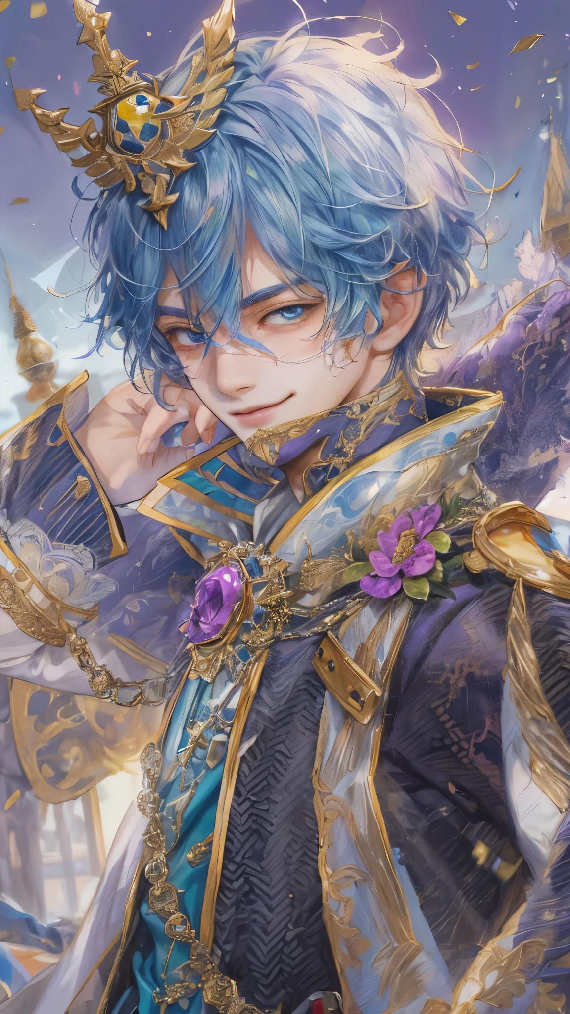 ((absurdres, highres, ultra detailed), 1 boy, young boy, handsome boy villain character from Pretty Cure, male version, detailed hair with detailed headgear ornaments, detailed short hair, anime eyes, bangs, detailed mage clothes with brown cape with little purple details showing, finely detailed eyes red details showing and detailed face, smirk, dimples, extremely detailed CG unity 8k wallpaper, blue details on side, intricate details yellow details on left, portrait, ruin of pink roses, market theme , eyes on viewer, detailed houses town scenery background