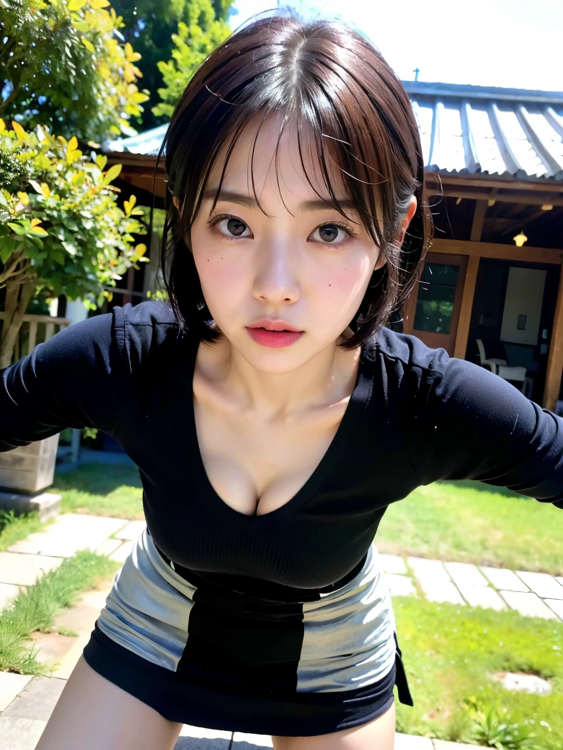 (highest quality、8k、32K、masterpiece、Hmm:1.2)、photo of cute japanese woman、black short hair、beautiful face、(leaning forward:1.3)、squat、(From above:1.2)、(Close-up:1.4)、throw、loose t-shirt、big and full breasts、(Beautiful breasts:0.9)、outside the house、Wind、shiny skin、blurred background、in the mountains、stare at me