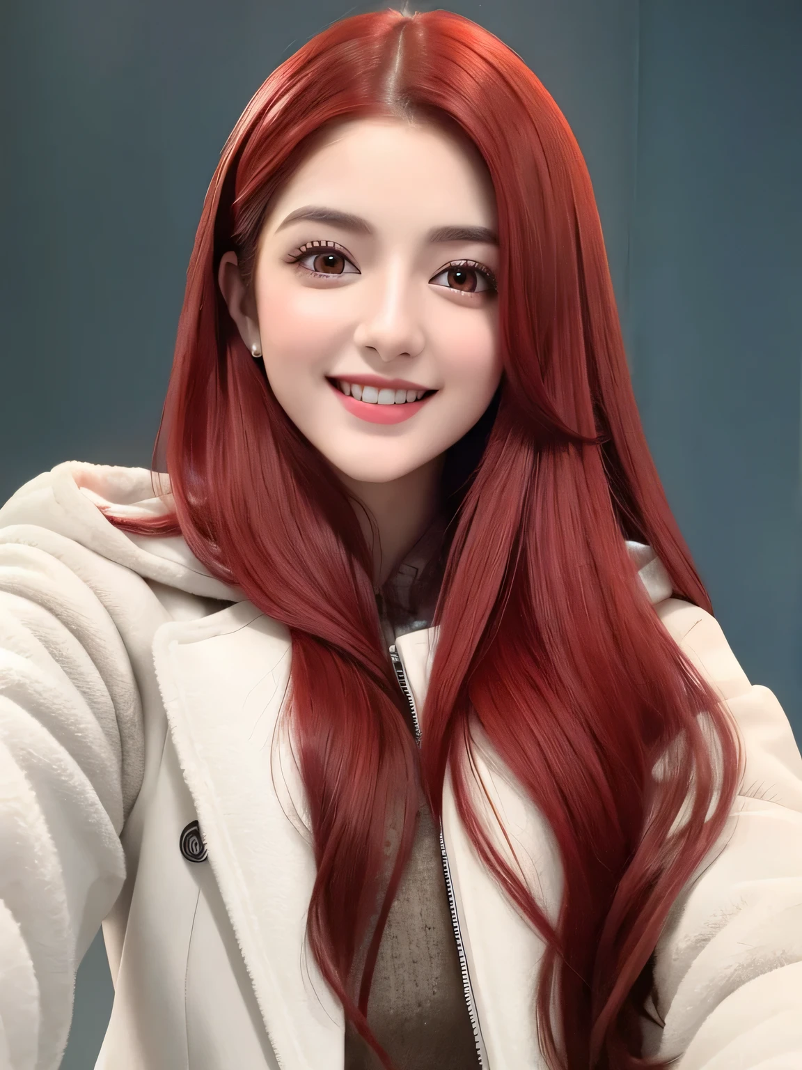 smiling woman with long red hair and a white coat, selfie of a young woman, maya ali, young woman with long dark hair, 