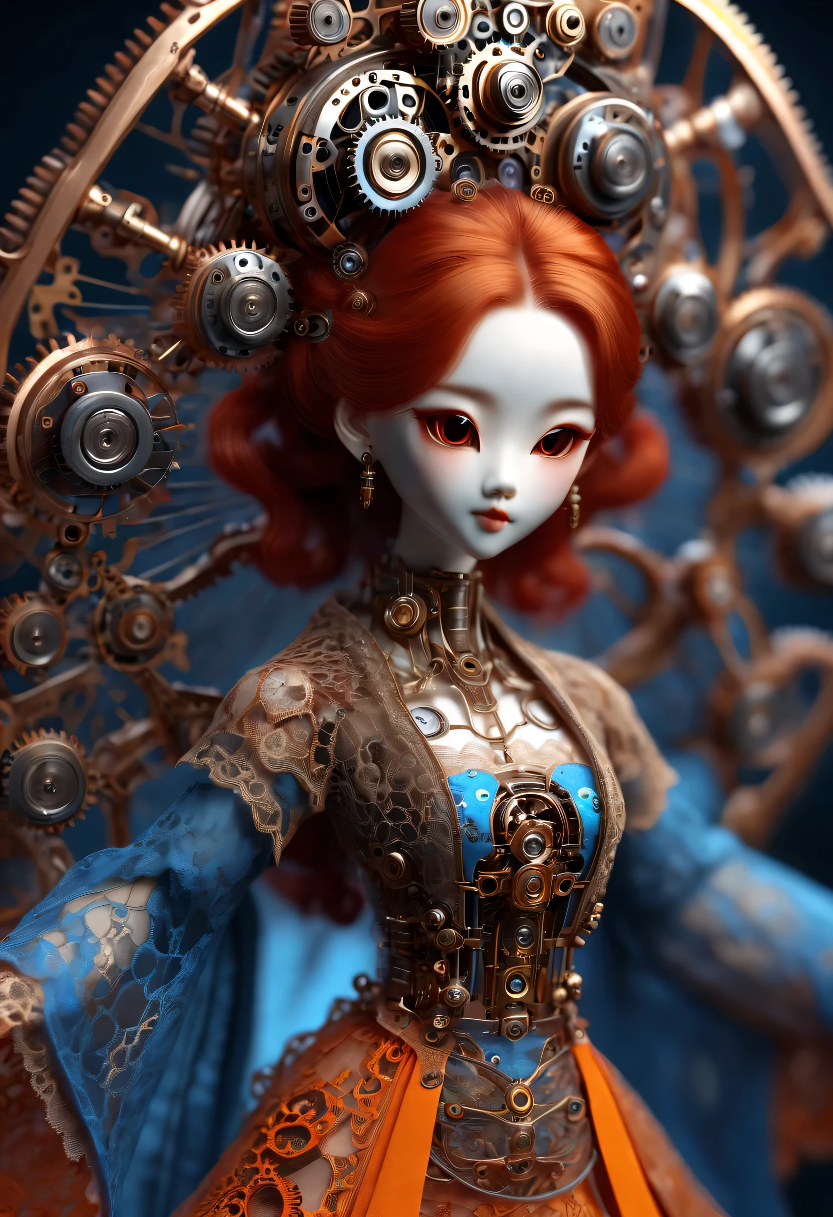 Mechanical doll design，（whole body），（Mechanical Hanfu doll playing electronic mechanical guzheng）,（translucent body made of mechanical springs and gears：0.85），Mechanical device base），Extra long wavy red head，orangeskirt，8k smoke，Ultra-fine，lifelike，high resolution，Motion ray tracing，realism，dramatic lighting，Steampunk elements，Eerie and surreal atmosphere， Beautiful and detailed mechanical ingenuity，Intricate lace pattern，exquisite craftsmanship，Gothic aesthetics，strange beauty，[high dynamic range]，[Fear]，[concept artist]，[keen focus]，[main]，[bright colors]，[Bokeh]，Long range shooting，Blue-orange