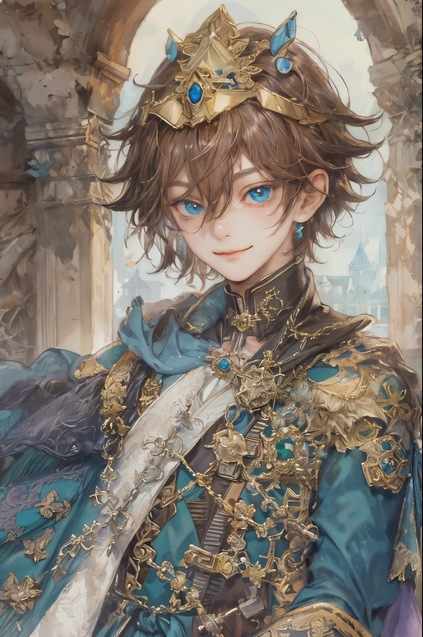 ((absurdres, highres, ultra detailed), 1 boy, young boy, handsome boy villain character from witch academia, detailed hair with detailed headgear ornaments, detailed short hair, anime eyes, bangs, detailed mage clothes with brown cape with little purple details showing, showing chest on creases, crop top, finely detailed eyes red details showing and detailed face, smirk, dimples, extremely detailed CG unity 8k wallpaper, blue details on side, intricate details yellow details on left, portrait, ruin of pink roses, market theme, showing lot of skin, from below, 1:1 , eyes on viewer, detailed houses town scenery background
