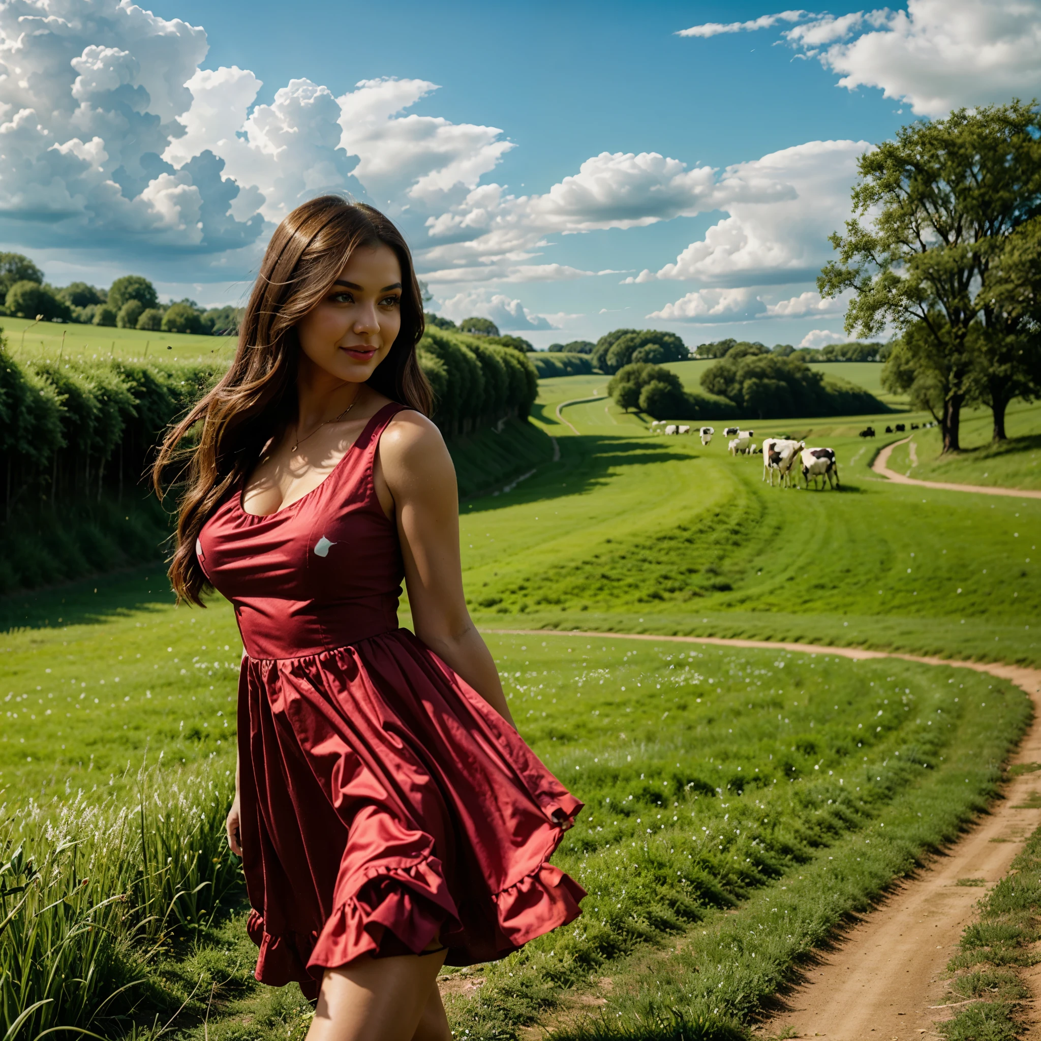 busty woman in cute summer red dress, dance in tall green grass, green grassland, blue sky, spring season, creek, cows, cloud on sky, perfect proportionated face, beautiful face