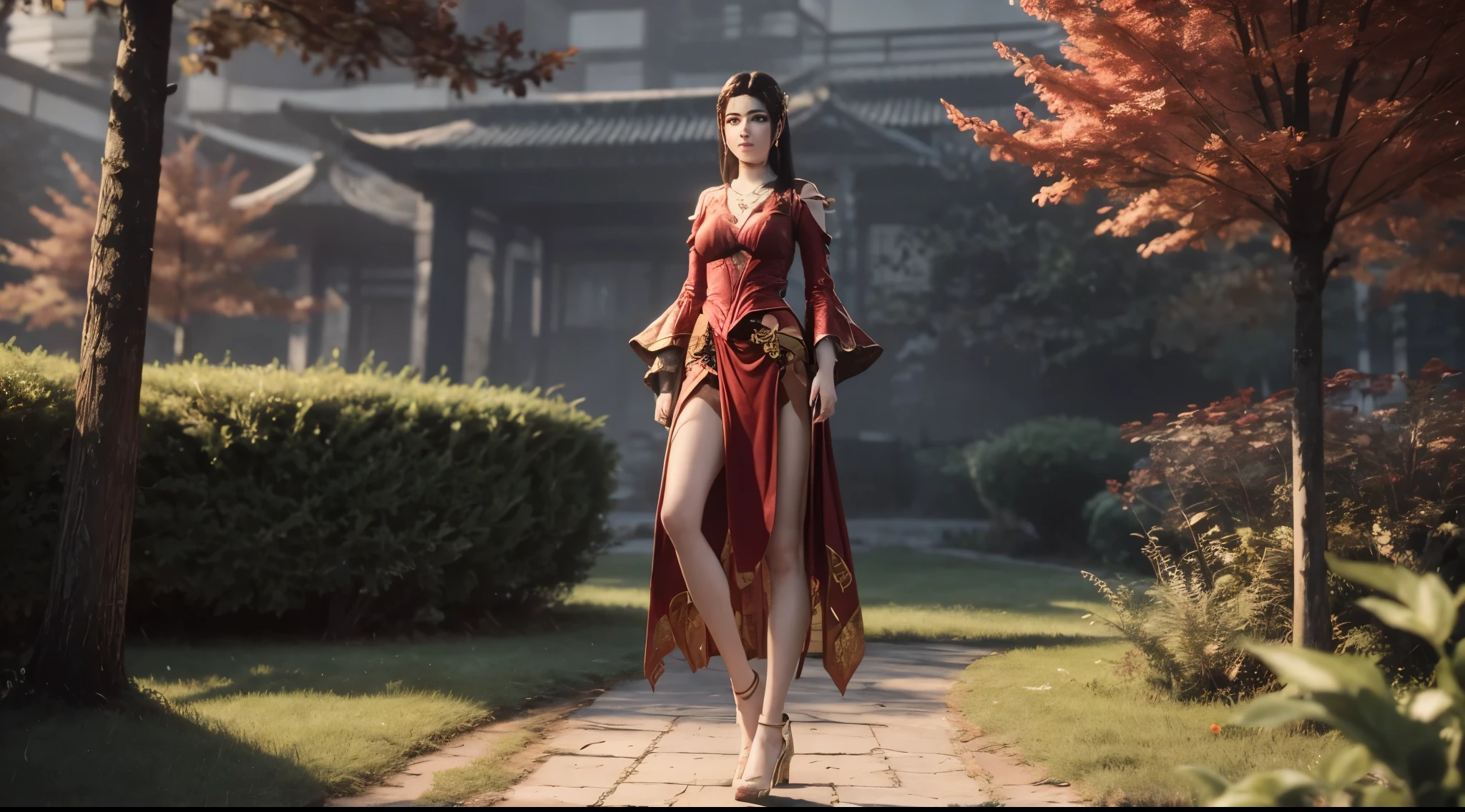 Beautiful  young girl looking at viewer wearing red top dress, in garden, realistic graphics, wearing a beautiful necklace, wavering at viewer, nice figure, beautiful organic photography  ,graphic focus on girl at the center of graphics photoshot ,red colors dress ,wavering at viewer, full-body photoshot rendering graphics,complete body collection, sakura blossoms, sitting under a tree ,beautiful legs and waist 