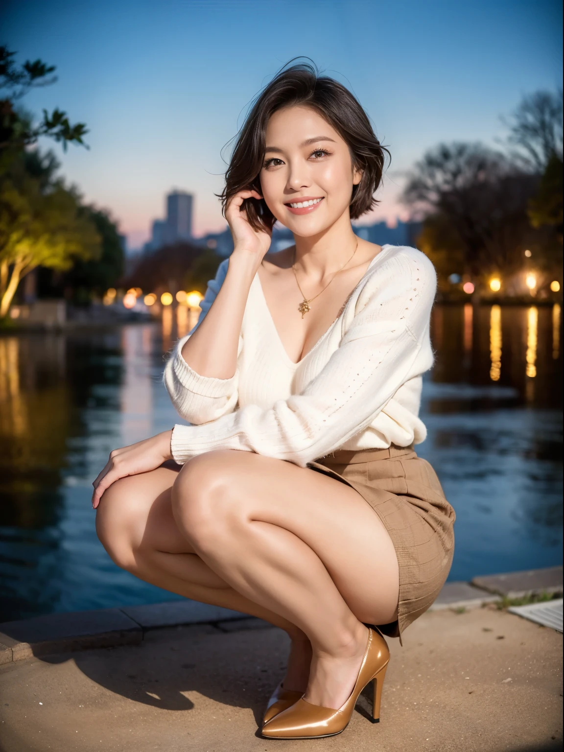 (RAW photo:1.2), (realistic:1.4),beautiful detailed woman,非常にdetailed eyesと顔, detailed eyes, super detailed,High resolution, very detailed,best quality,enlightenment,unified,8k wallpaper,master piece,best quality,1 woman,alone,rich,full body esbian,(A little chubby body type:0.9),Toned figure,There's meat on the legs,slim waist,alone,(beige knit,temperament knit skirt,high heels),jewelry necklace short hair,gentle smile,dignified atmosphere,black eye,Realistic,central park , (night park:1.1)、(43 years old、Japanese)