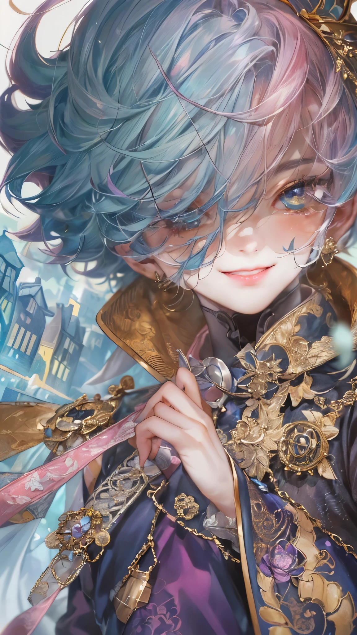 ((absurdres, highres, ultra detailed), 1 boy, front view, young boy, handsome boy villain character from Pretty Cure, male version, detailed hair with detailed headgear ornaments, detailed short hair, anime eyes, bangs, detailed mage clothes with brown cape with little purple details showing, finely detailed eyes red details showing and detailed face, smirk, dimples, extremely detailed CG unity 8k wallpaper, blue details on side, intricate details yellow details on left, portrait, ruin of pink roses, market theme , eyes on viewer, detailed houses town scenery background