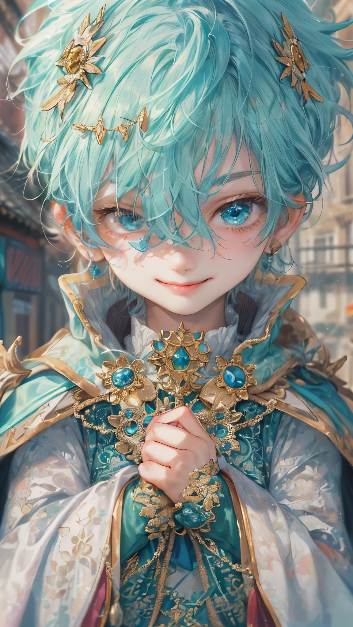 ((absurdres, highres, ultra detailed), 1 boy, front view, young boy, handsome boy villain character from Pretty Cure, male version, detailed hair with detailed headgear ornaments, detailed short hair, anime eyes, bangs, detailed mage clothes with brown cape with little purple details showing, finely detailed eyes red details showing and detailed face, smirk, dimples, extremely detailed CG unity 8k wallpaper, blue details on side, intricate details yellow details on left, portrait, ruin of pink roses, market theme , eyes on viewer, detailed houses town scenery background