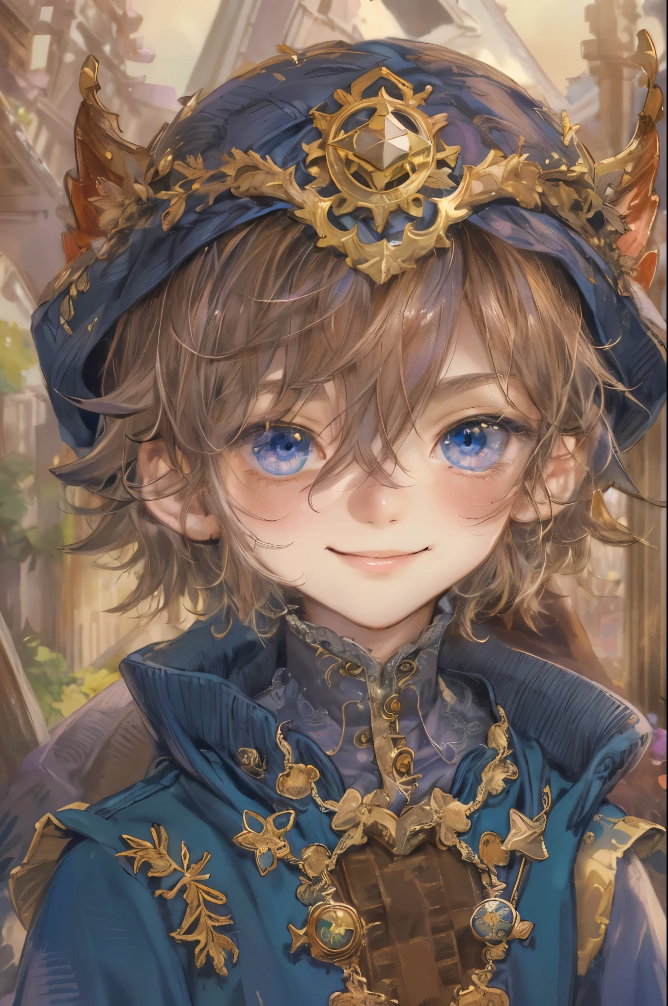 ((absurdres, highres, ultra detailed), 1 boy , front view, young boy, handsome boy villain character from sugar sugar rune, detailed hair with detailed headgear ornaments, detailed short hair, anime eyes, detailed mage clothes with brown cape with little purple details showing,finely detailed eyes red details showing and detailed face, smirk, dimples, extremely detailed CG unity 8k wallpaper, blue details on side, intricate details yellow details on left, portrait, ruin of pink roses, market theme, eyes on viewer, detailed houses town scenery background