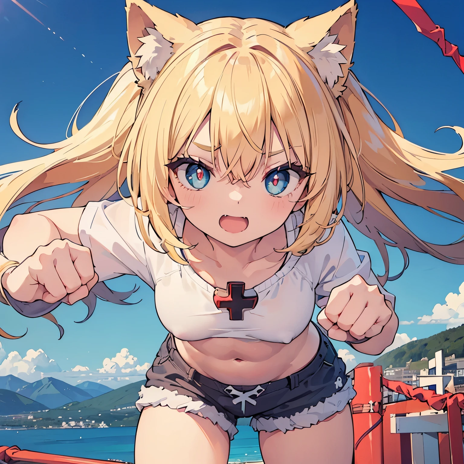 Cut
(masterpiece:1.2), (highest quality:1.2), mountainous horizon, perfect face, perfect lighting, no background, 1 girl　combing one&#39;s hair　Cat ear　small breasts　shirt, shorts blonde　blue eyes　, ((Webby Hair)), noble long hair, cute eyes, Medium chest, ((((bright)))), , vivid description, abs, Tsurime, open mouth,, smile, nude, medium breast, (()), ((front)), open mouth, Vivid depiction, Are standing (tooth), , (face close up:1.2), (((((jig eyes))))), (((pupils))), ((simple eyes)), (((((cross-eyed))))), ((((punching)))), angry, glaring