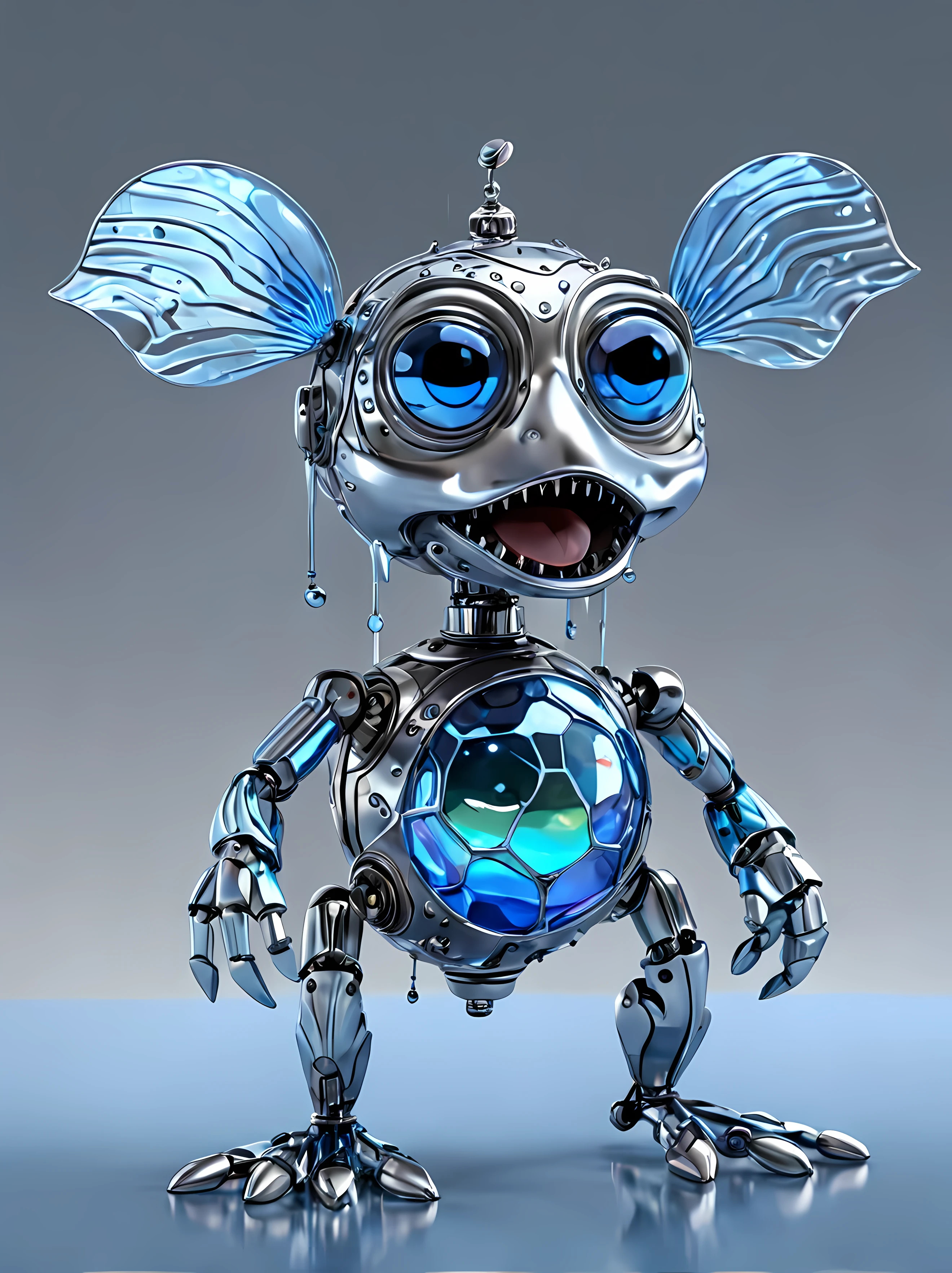 Full shot, cute cartoon style, design a mesmerizing mechanical puppet representing water, featuring a sleek exterior resembling liquid metal, with transparent components, hues of blue and silver, ((wave-like patterns)), ((iridescence and magic)), masterpiece in maximum 16K resolution, superb quality. | ((More_Detail))