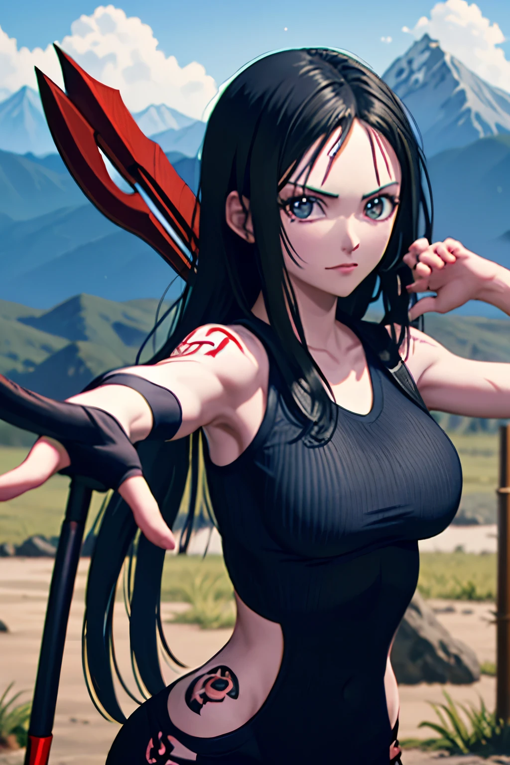(Characters) Nico Robin (One piece) cosplay as June (Avatar), June's black costume, June's long black hair, Nico Robin bangs, Accessories (Tattoos), Weapons (Arrows), Arrow shooting pose, (Location) Pandora Mountains, Background effects