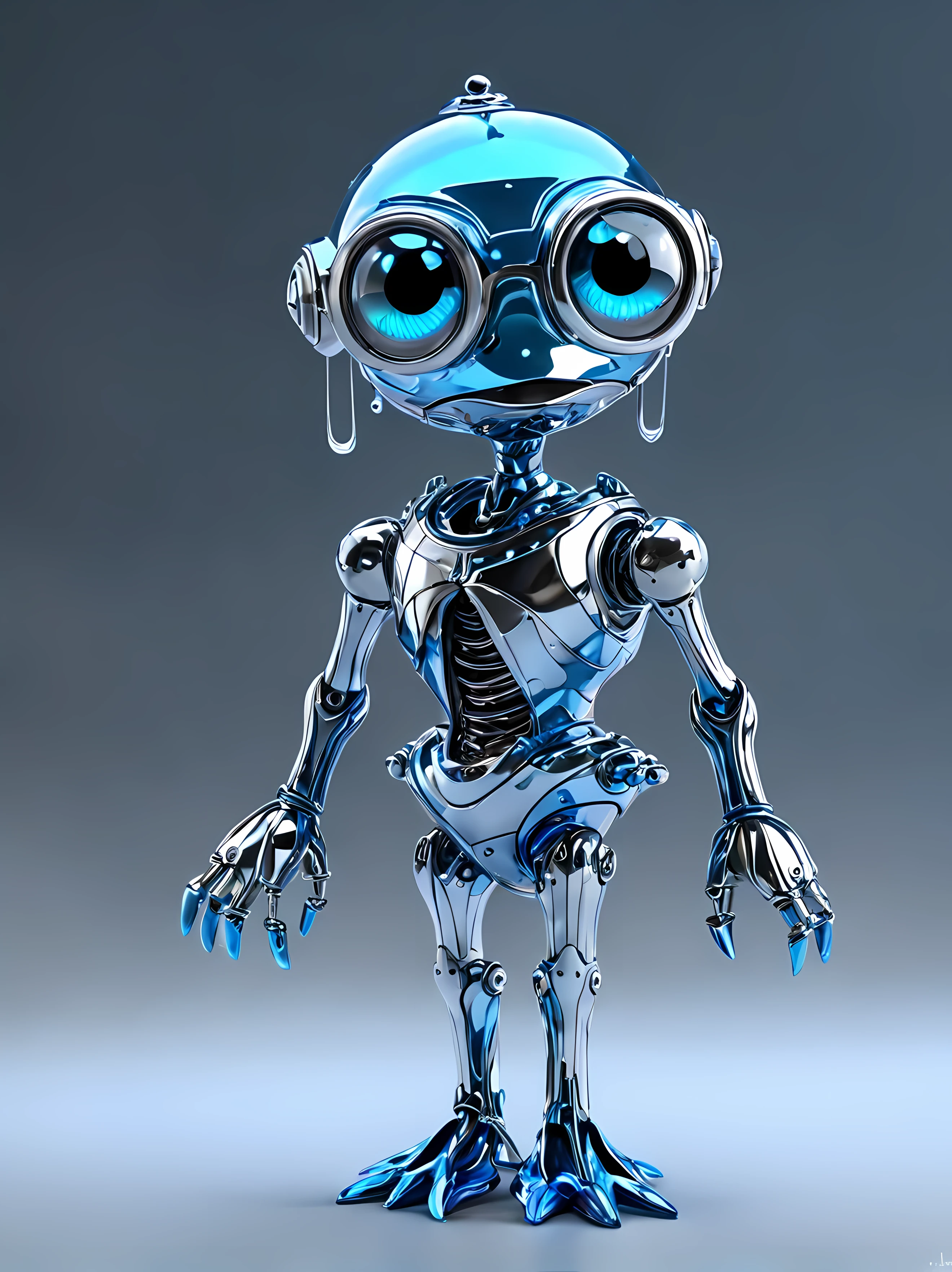 Full shot, cute cartoon style, design a mesmerizing mechanical puppet representing water, featuring a sleek exterior resembling liquid metal, with transparent components, hues of blue and silver, ((wave-like patterns)), ((iridescence and magic)), masterpiece in maximum 16K resolution, superb quality. | ((More_Detail))