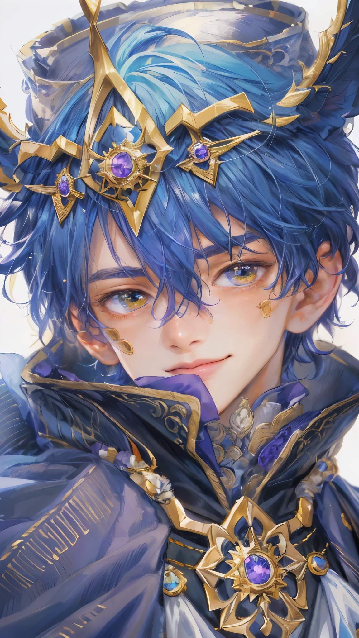 ((absurdres, highres, ultra detailed), 1 boy, front view, young boy, handsome boy villain character from Pretty Cure, male version, detailed hair with detailed headgear ornaments, detailed short hair, anime eyes, bangs, detailed mage clothes with brown cape with little purple details showing, finely detailed eyes red details showing and detailed face, smirk, dimples, extremely detailed CG unity 8k wallpaper, blue details on side, intricate details yellow details on left, portrait, ruin of pink roses, market theme , eyes on viewer, detailed houses town scenery background